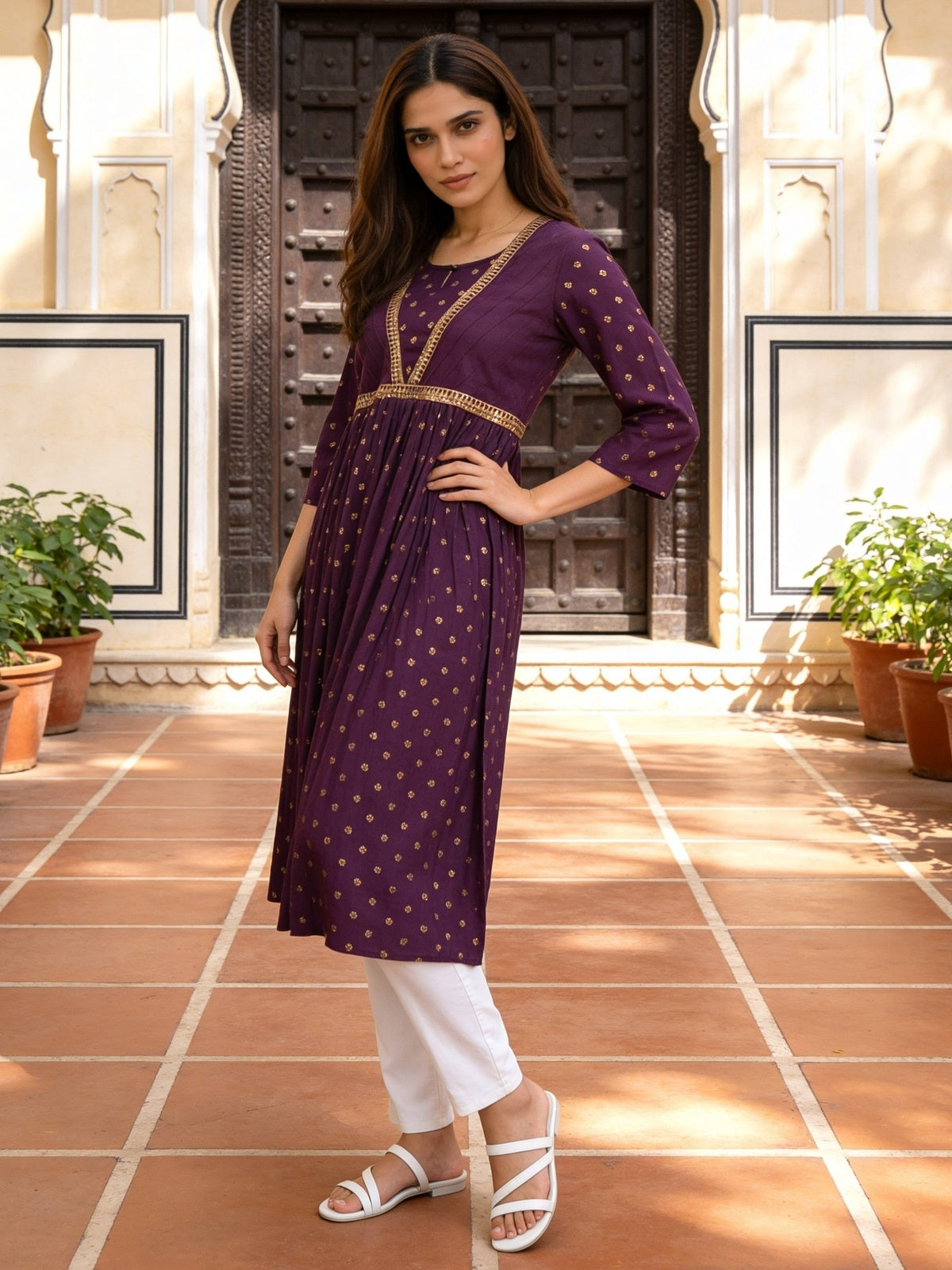 Rayon Pin Tuck Flared Calf Length Kurta