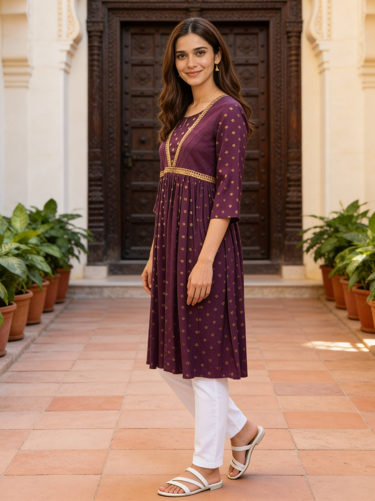 Rayon Pin Tuck Flared Calf Length Kurta