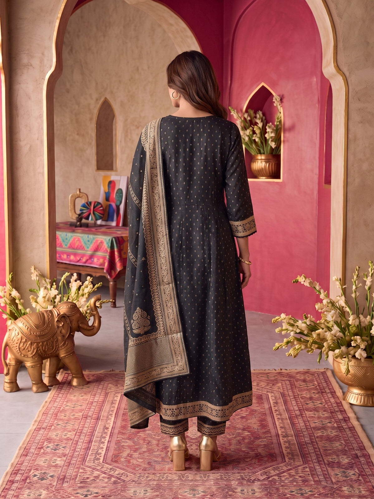 Viscose Embroidered Flared Calf Length Kurta With Pant and Dupatta