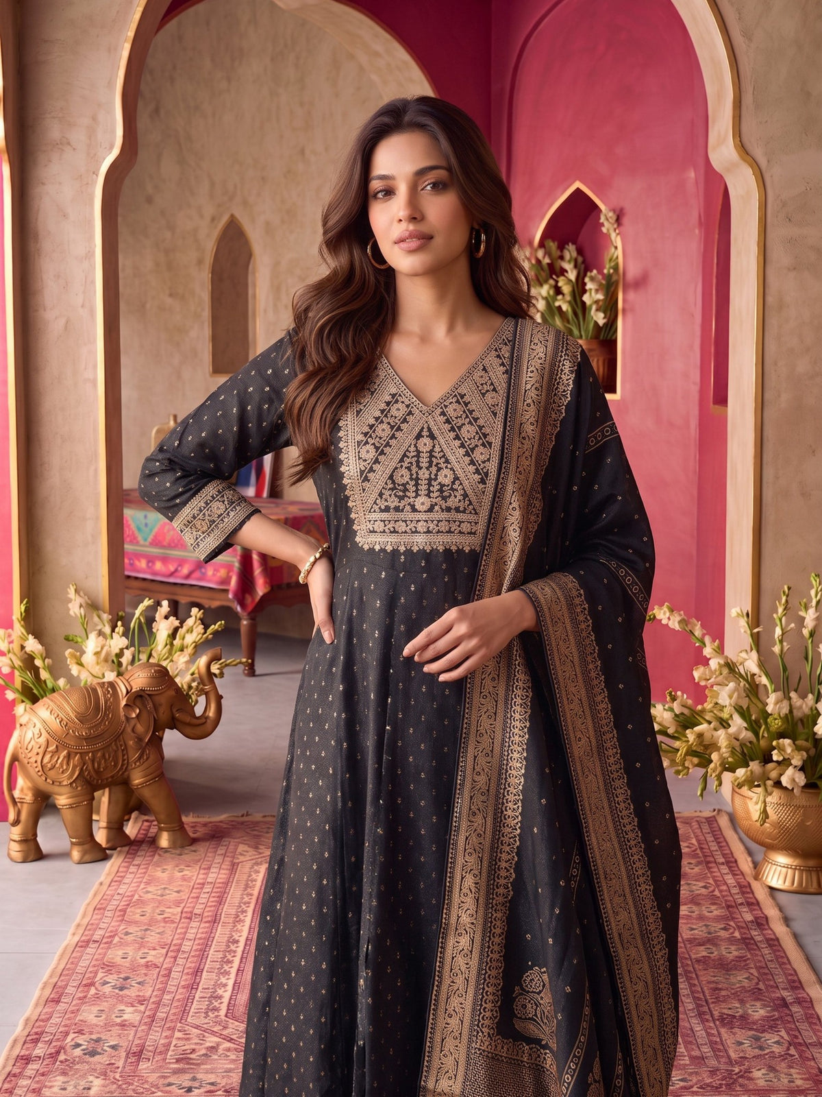 Viscose Embroidered Flared Calf Length Kurta With Pant and Dupatta