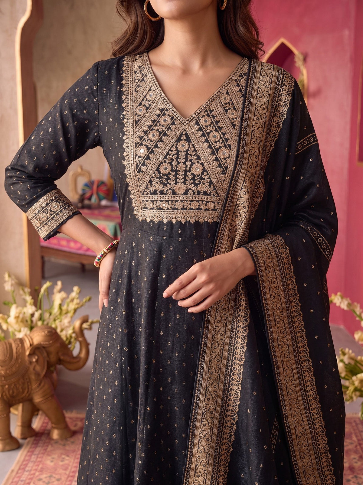 Viscose Embroidered Flared Calf Length Kurta With Pant and Dupatta