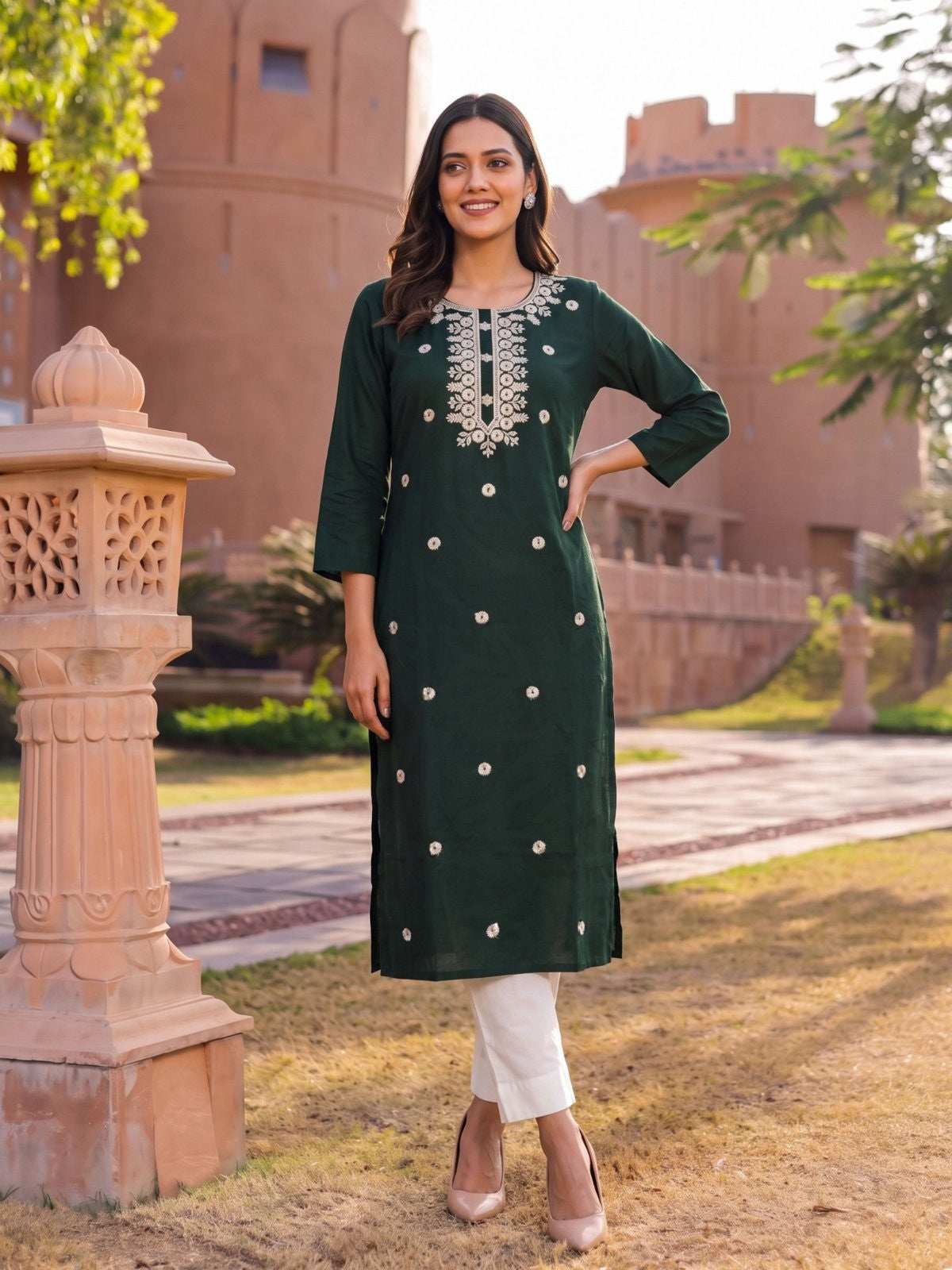 Rayon Embroidered Straight Calf Length Kurta