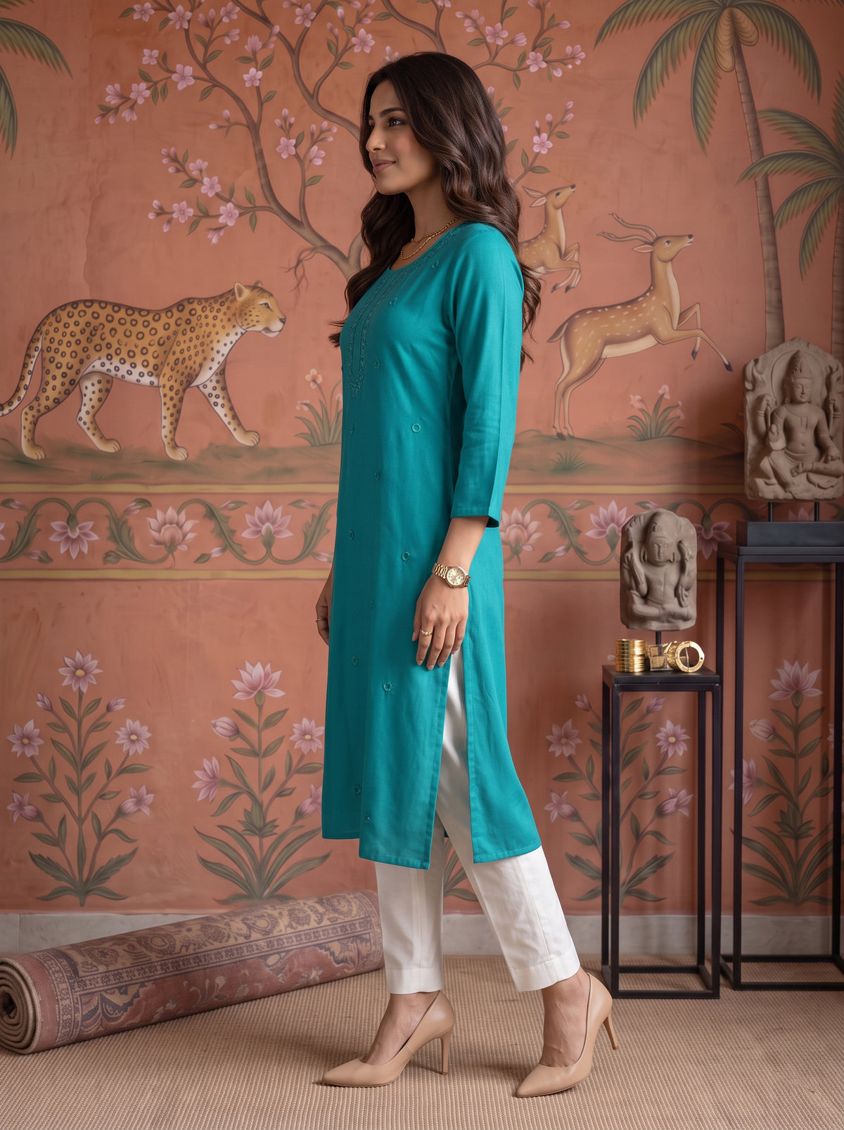 Rayon Embroidered Straight Calf Length Kurta