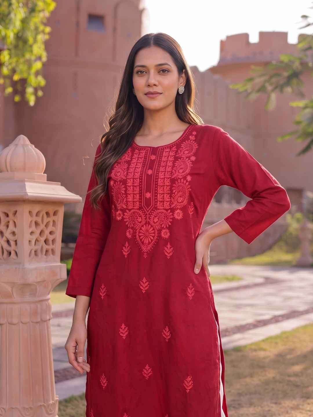 Rayon Embroidered Straight Calf Length Kurta