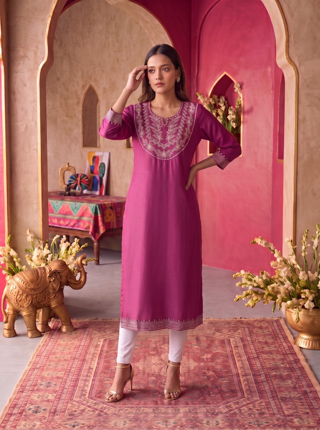 Buy Rayon Embroidered Straight Calf Length Kurta-Pink