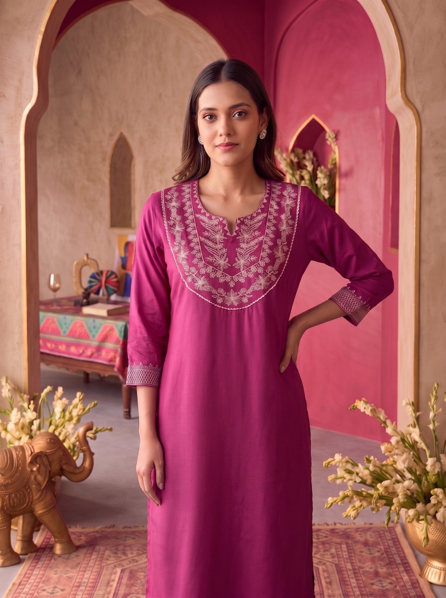 Rayon Embroidered Straight Calf Length Kurta