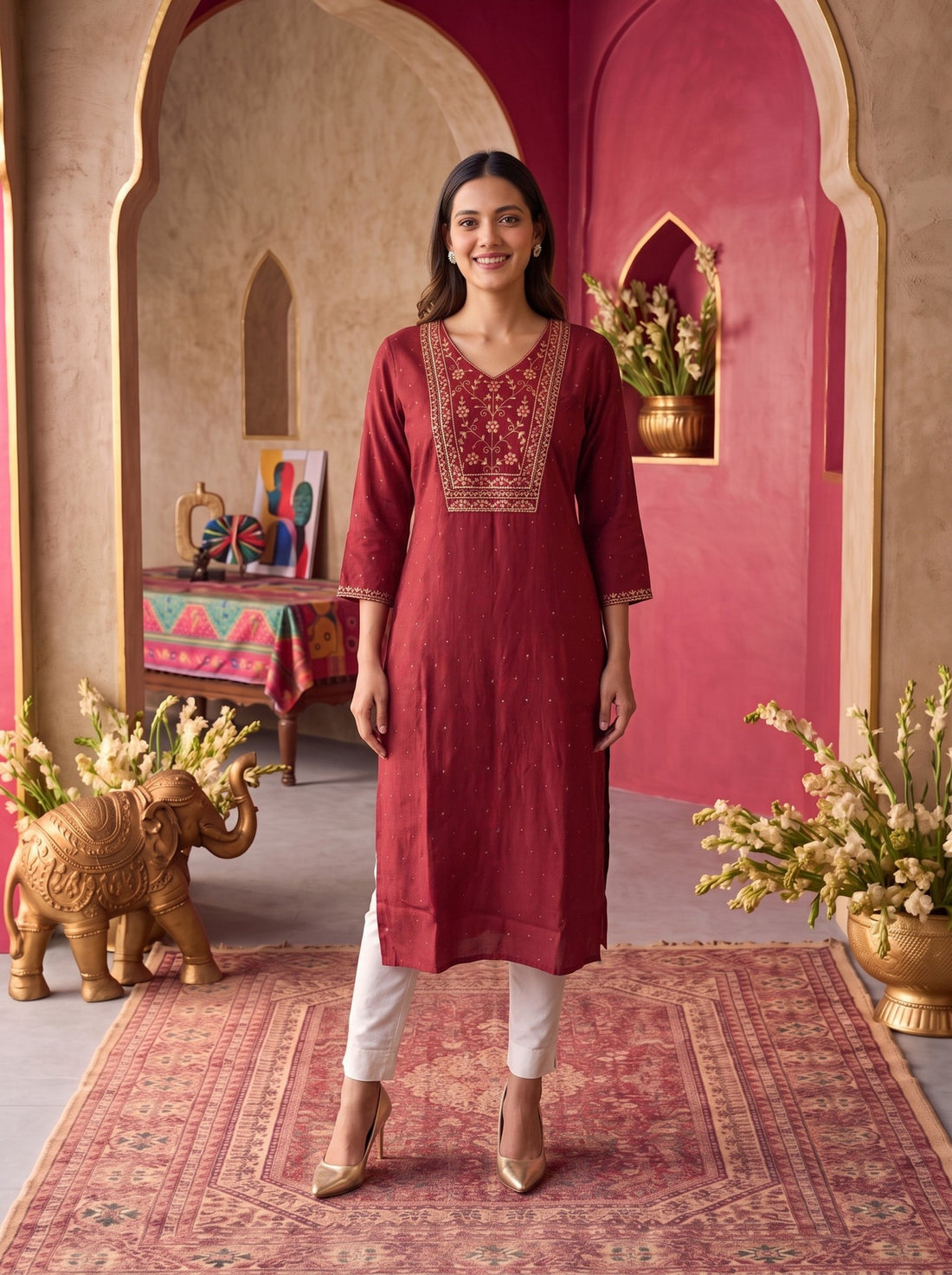 Buy Rayon Embroidered Straight Calf Length Kurta-Rust