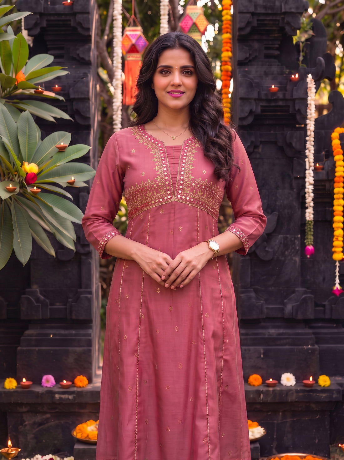 Buy Cotton Embroidered Flared Calf Length Kurta-Pink