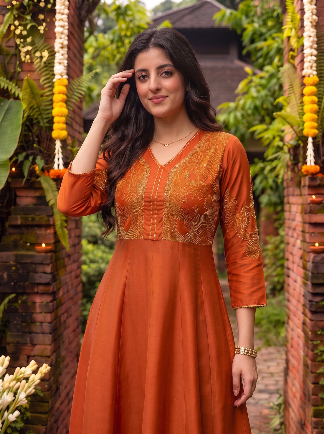 Buy Viscose Embroidered Flared Calf Length Kurta-Rust