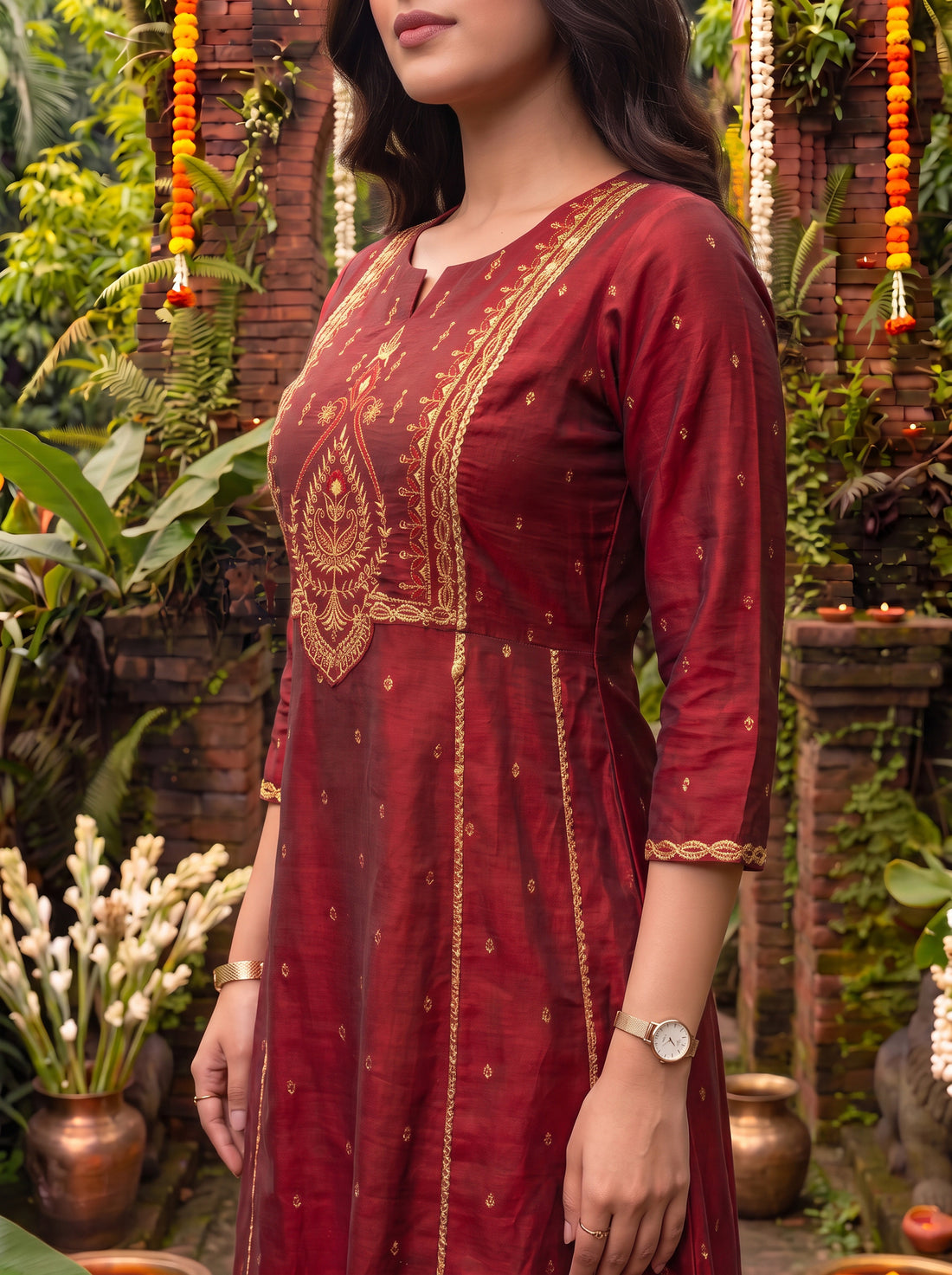 Buy Viscose Embroidered Flared Calf Length Kurta-Maroon