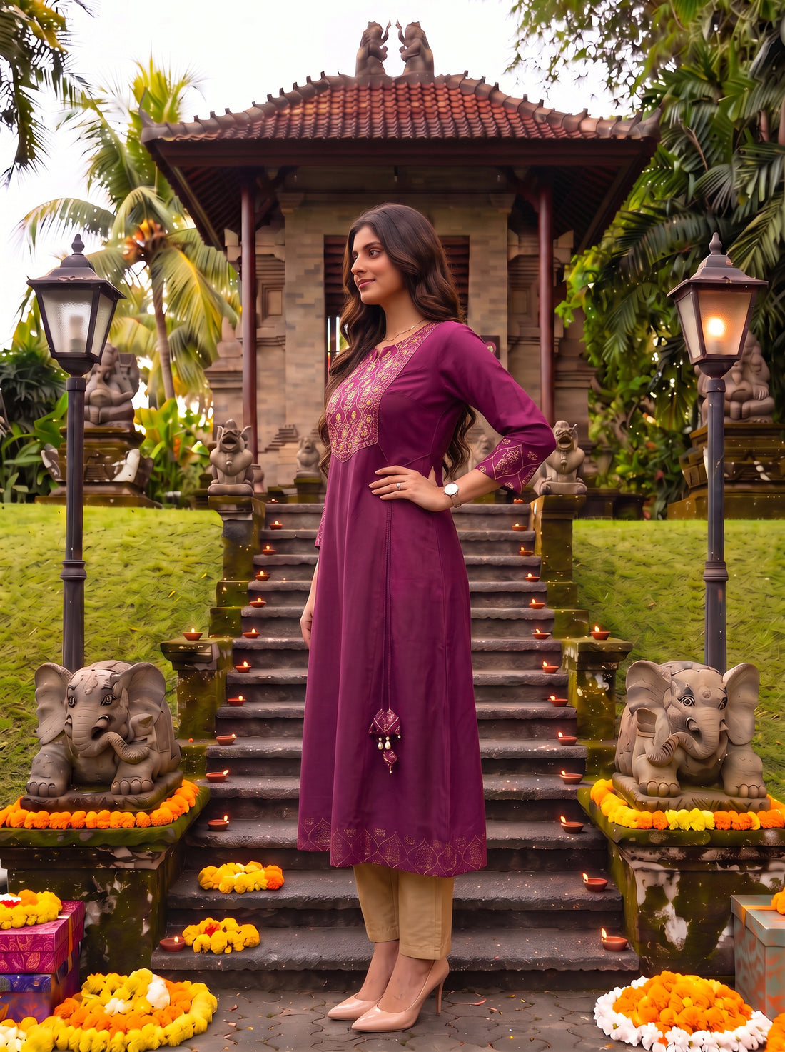 Buy Rayon Embroidered Flared Calf Length Kurta-Wine