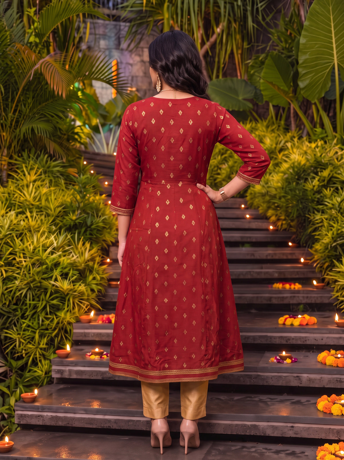 Rayon Embroidered Flared Calf Length Kurta