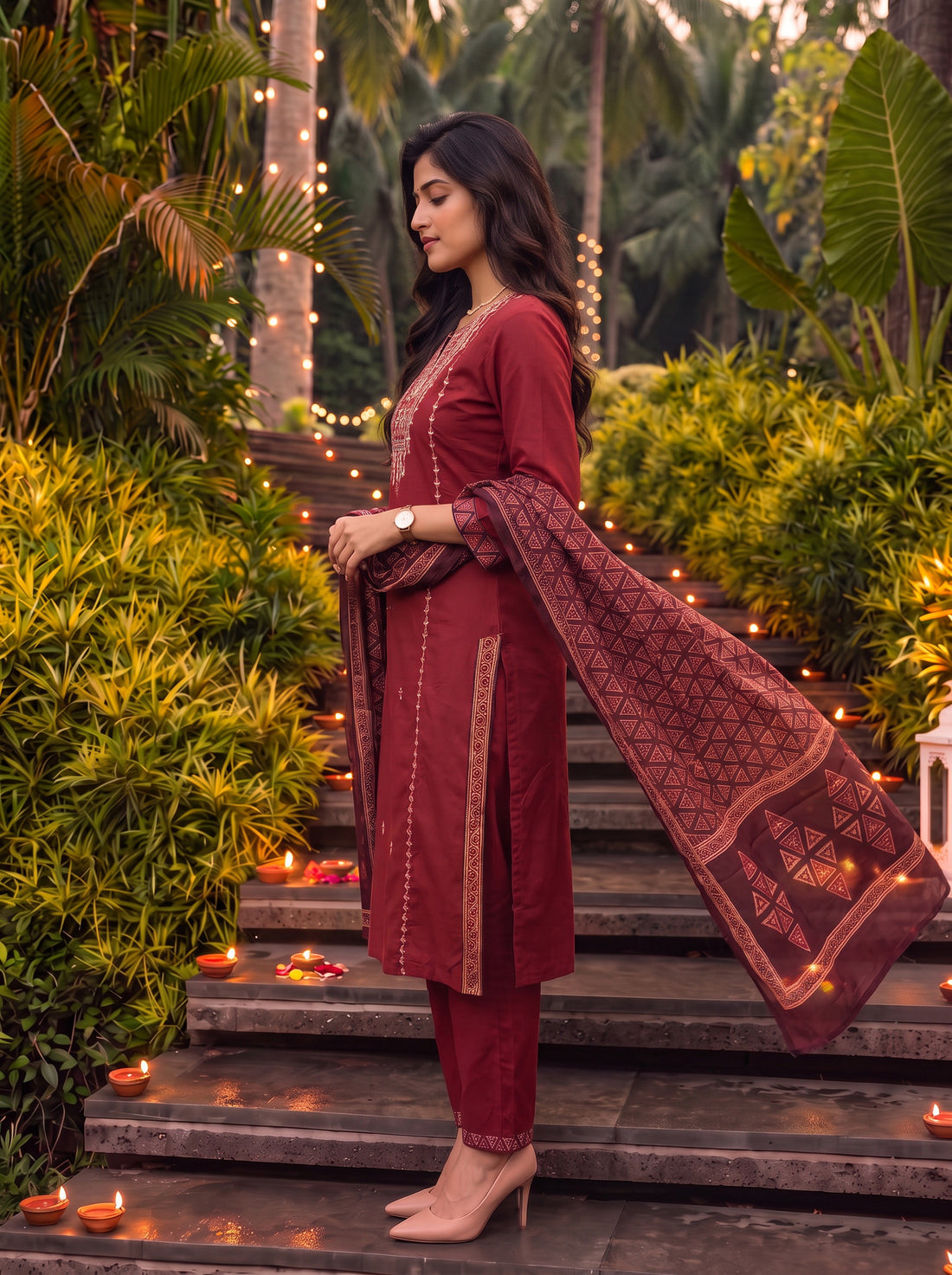 Buy Cotton Embroidered Straight Calf Length Kurta With Pant and Dupatta-Red