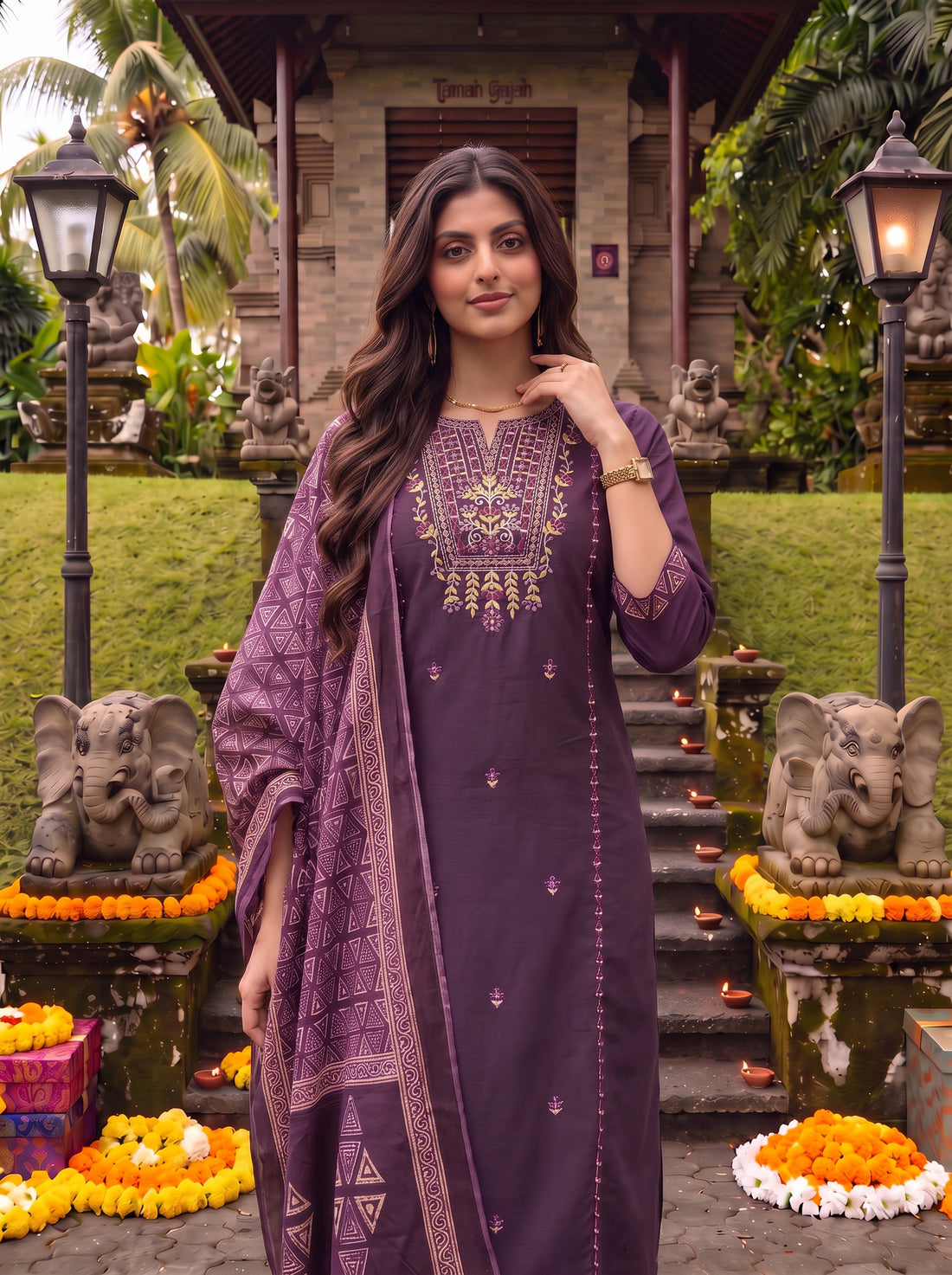 Buy Cotton Embroidered Straight Calf Length Kurta With Pant and Dupatta-Purple