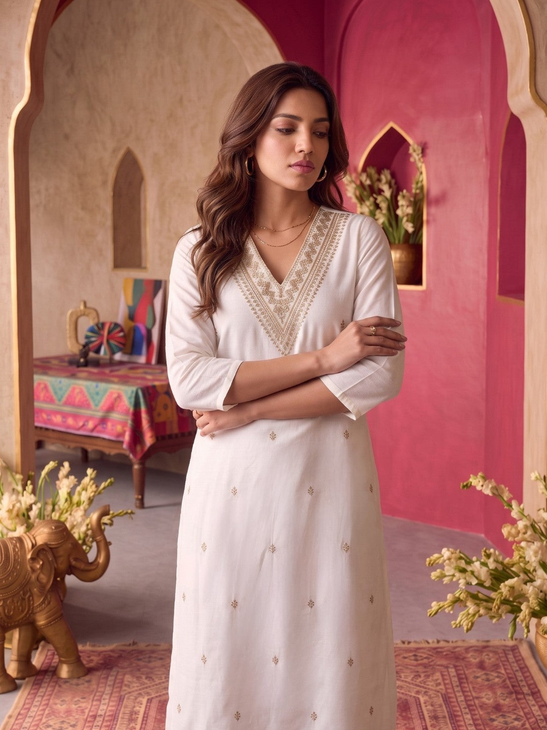 Viscose Embroidered Straight Calf Length Kurta