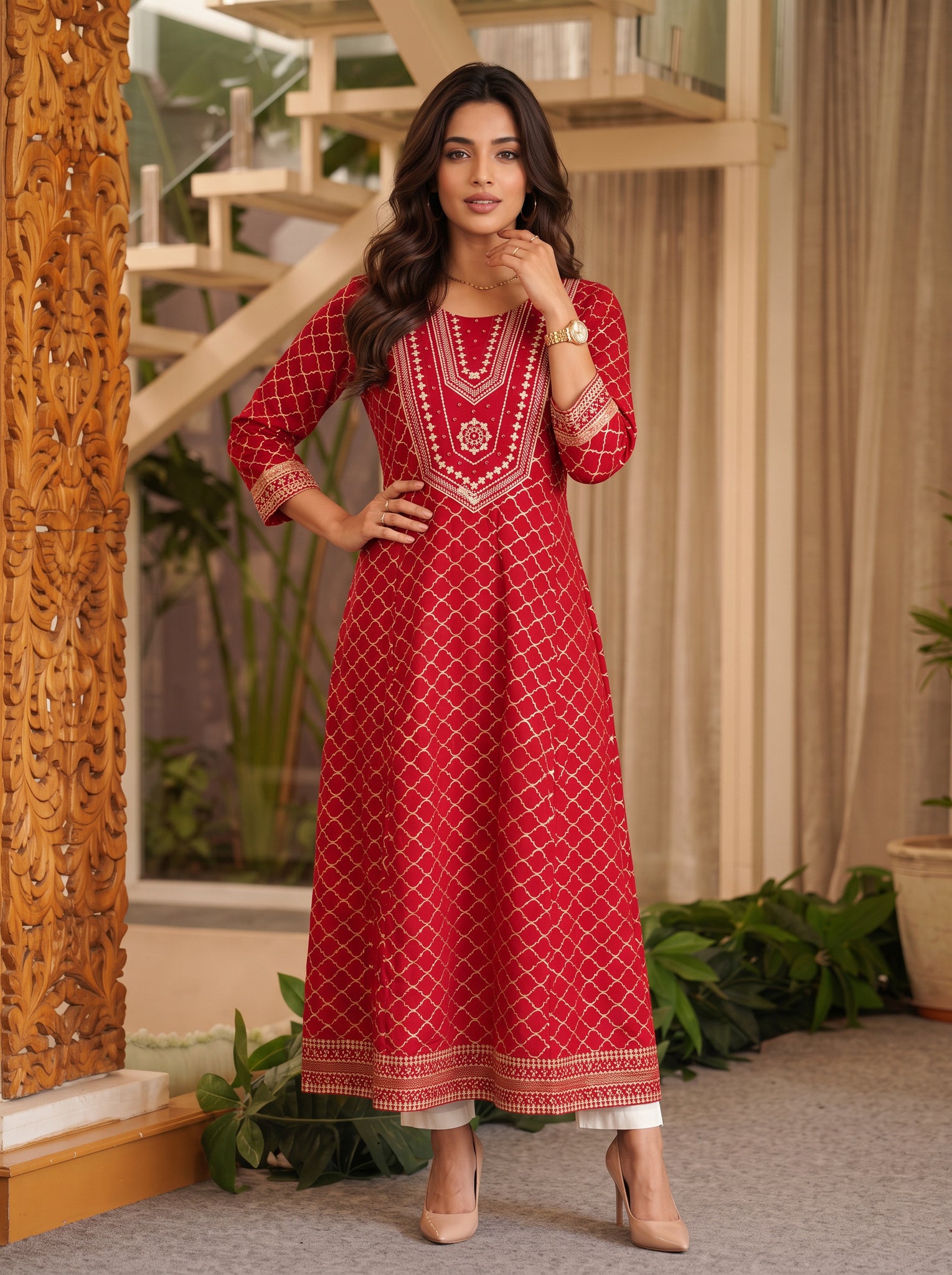 Viscose Embroidered Flared Calf Length Kurta