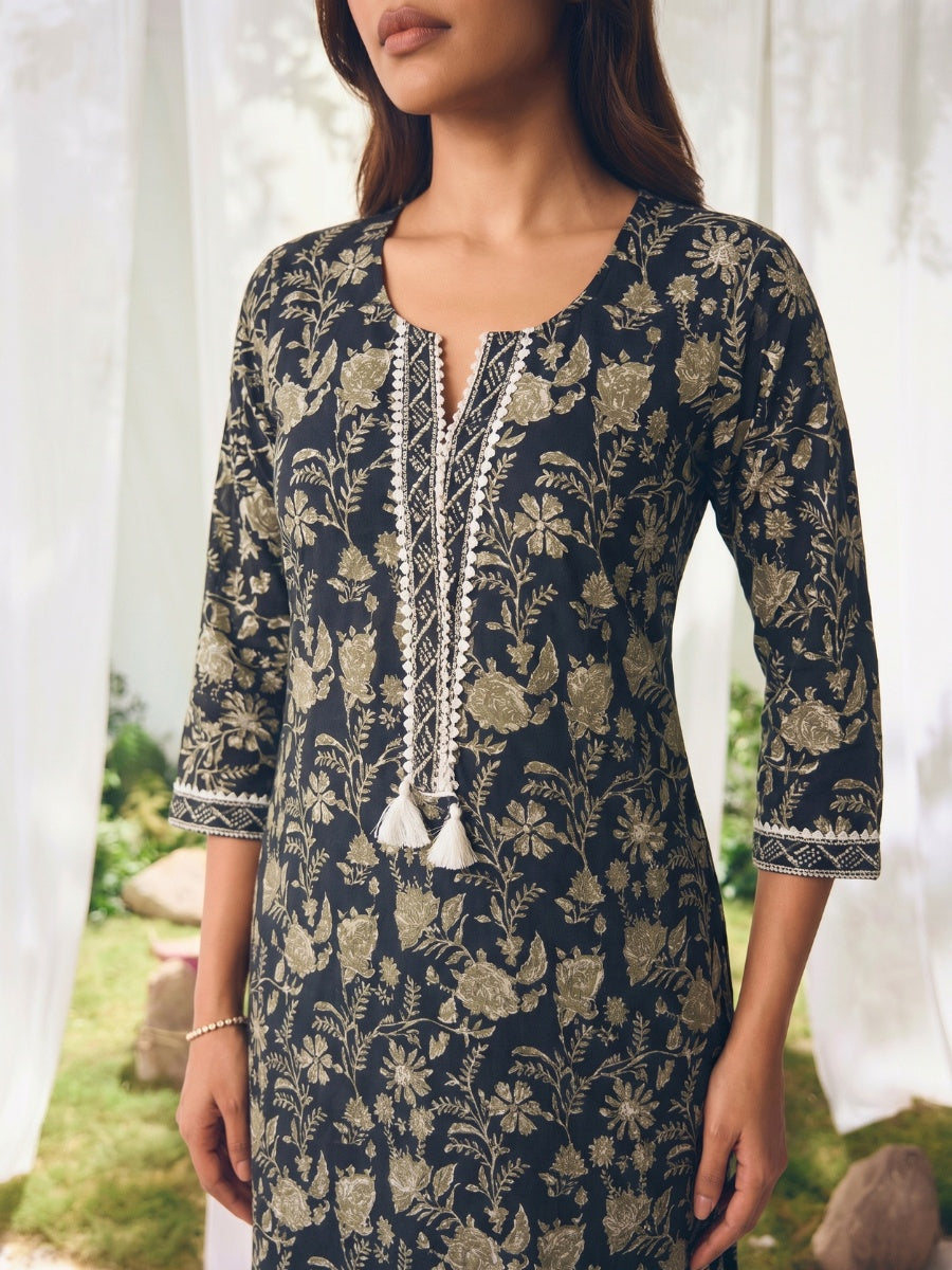 Buy Printed Straight Calf Length Kurta With Pant-Black