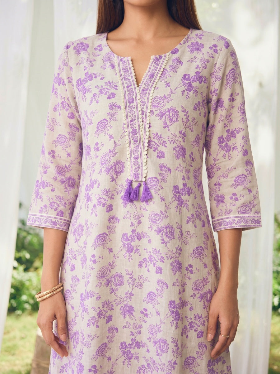 Buy Printed Straight Calf Length Kurta With Pant-Purple