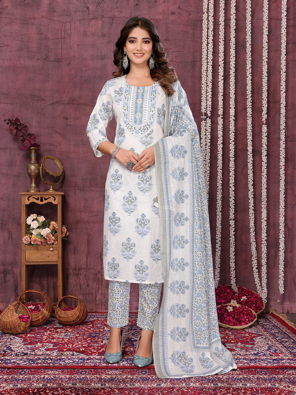 Viscose Blend Embroidered Anarkali Calf Length Kurta with Pant and Dupatta