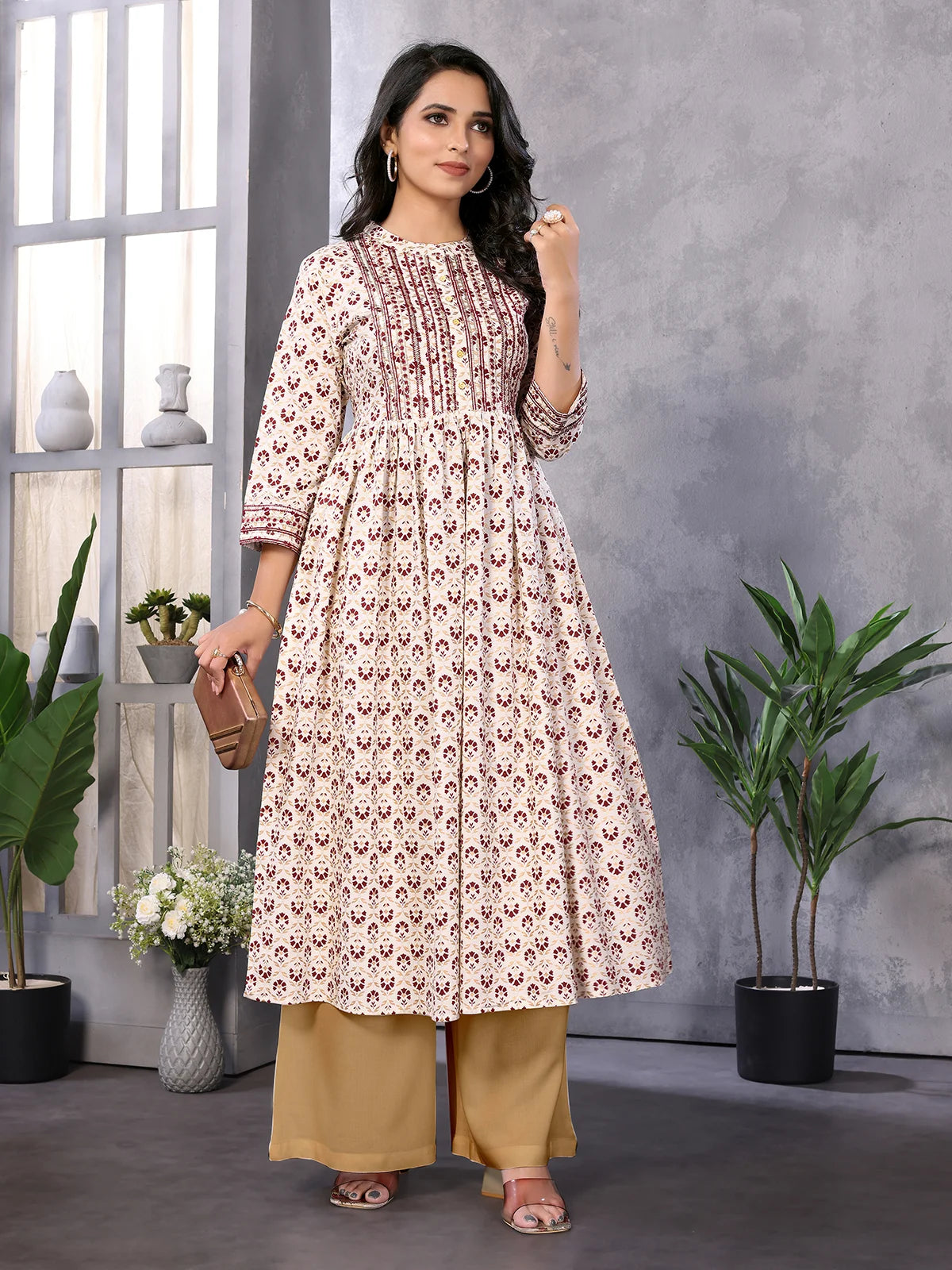 Buy రేయాన్ ఎంబ్రాయిడరీ కాఫ్ లెంగ్త్ ఫ్లేర్డ్ కుర్తా-ఆఫ్ వైట్