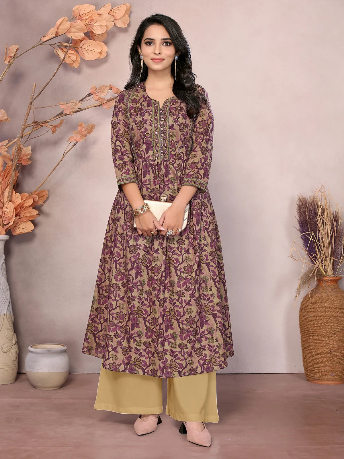 Buy కాటన్ ఎంబ్రాయిడరీ కాఫ్ లెంగ్త్ అనార్కలి కుర్తా-వైన్