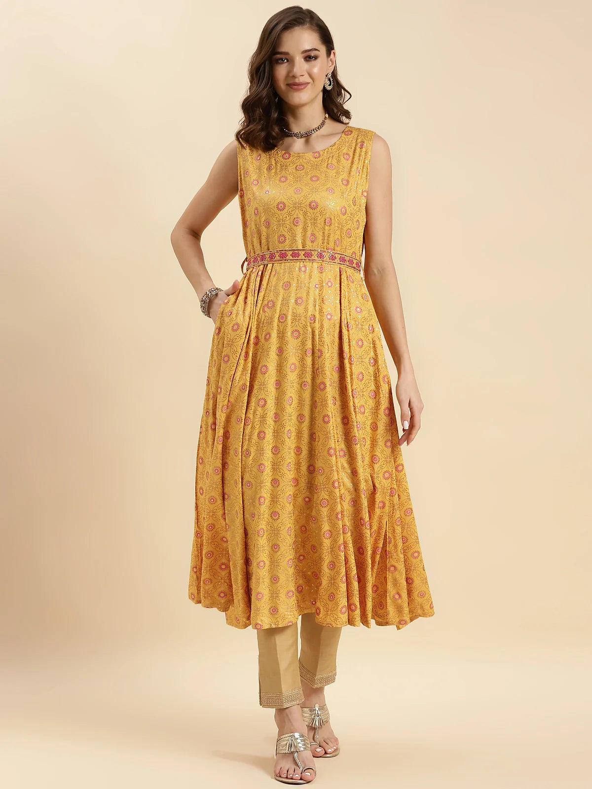 Buy रेयान प्रिंटेड काफ़ लेंथ फ़्लेयर्ड कुर्ता-सरसों