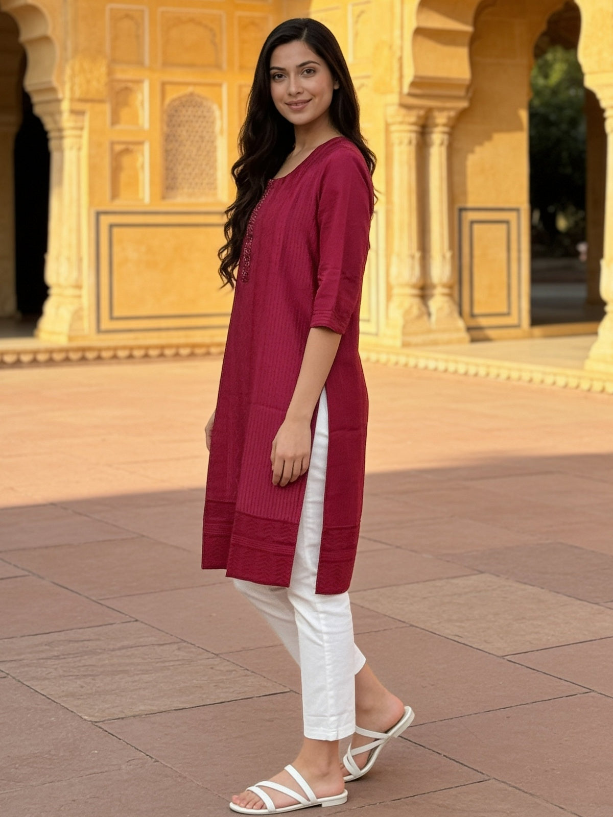 Viscose Embroidered Straight Knee Length Kurta