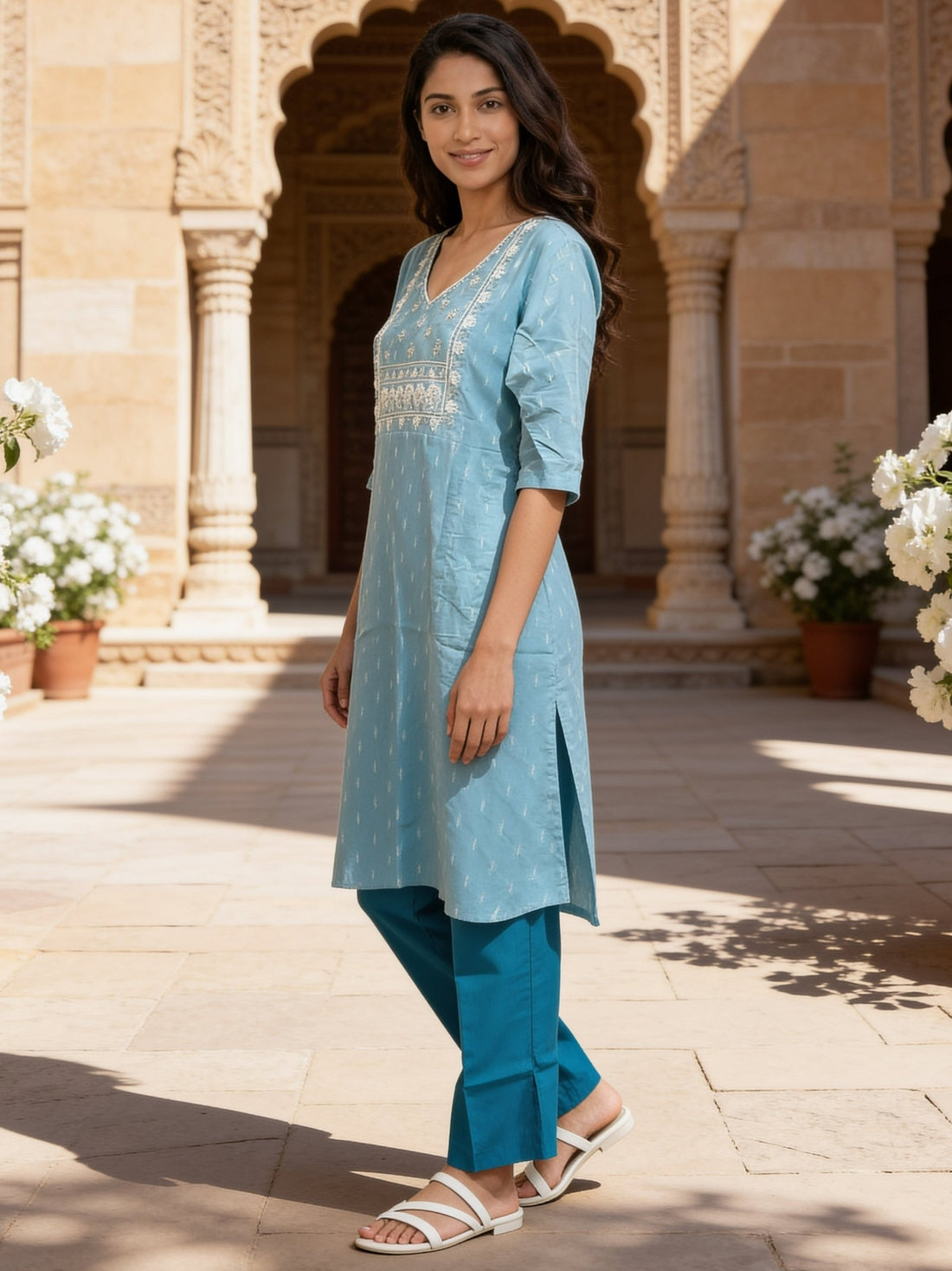 Buy Cotton Embroidered Straight Knee Length Kurta-Blue