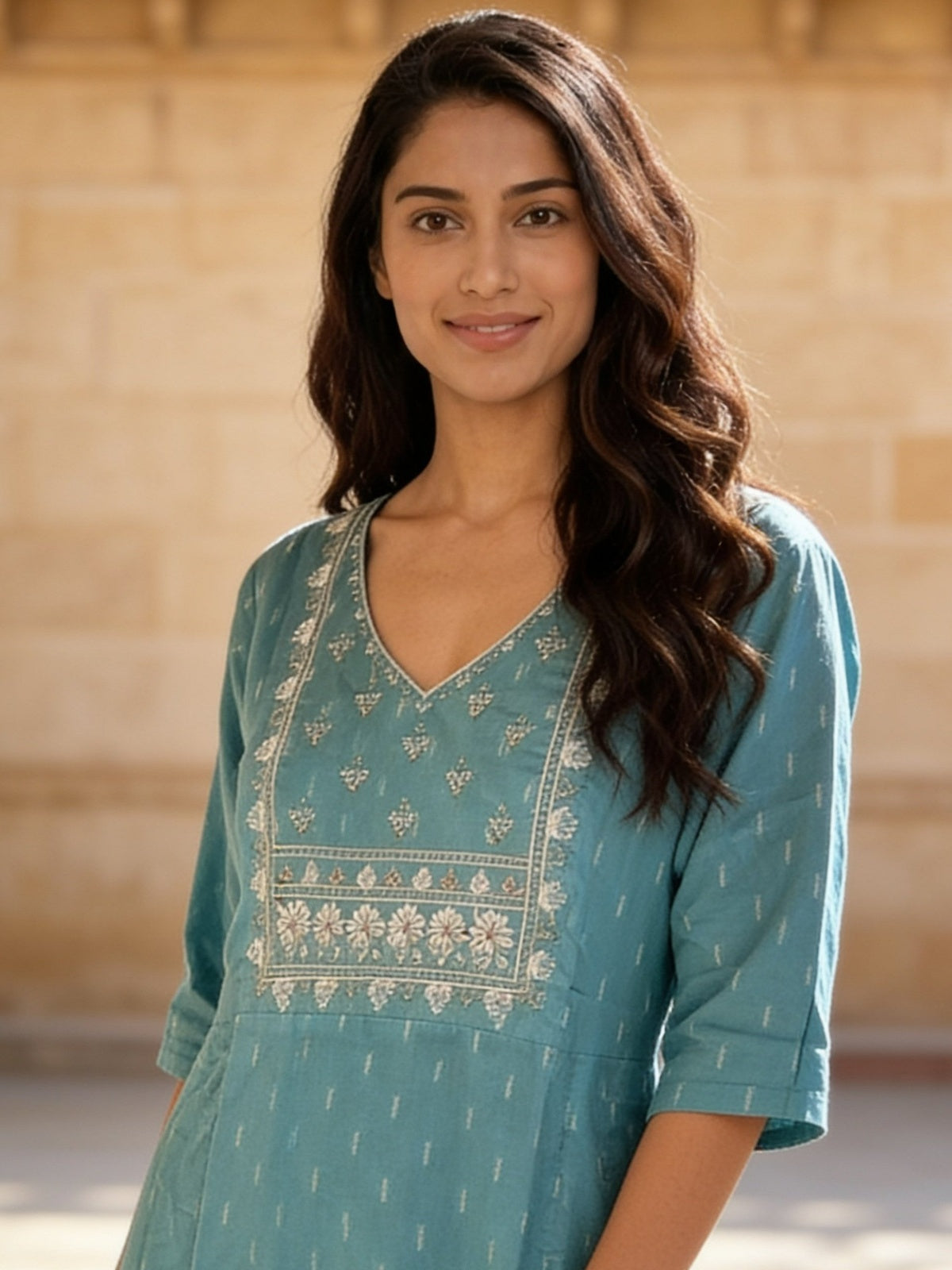 Cotton Embroidered Straight Knee Length Kurta