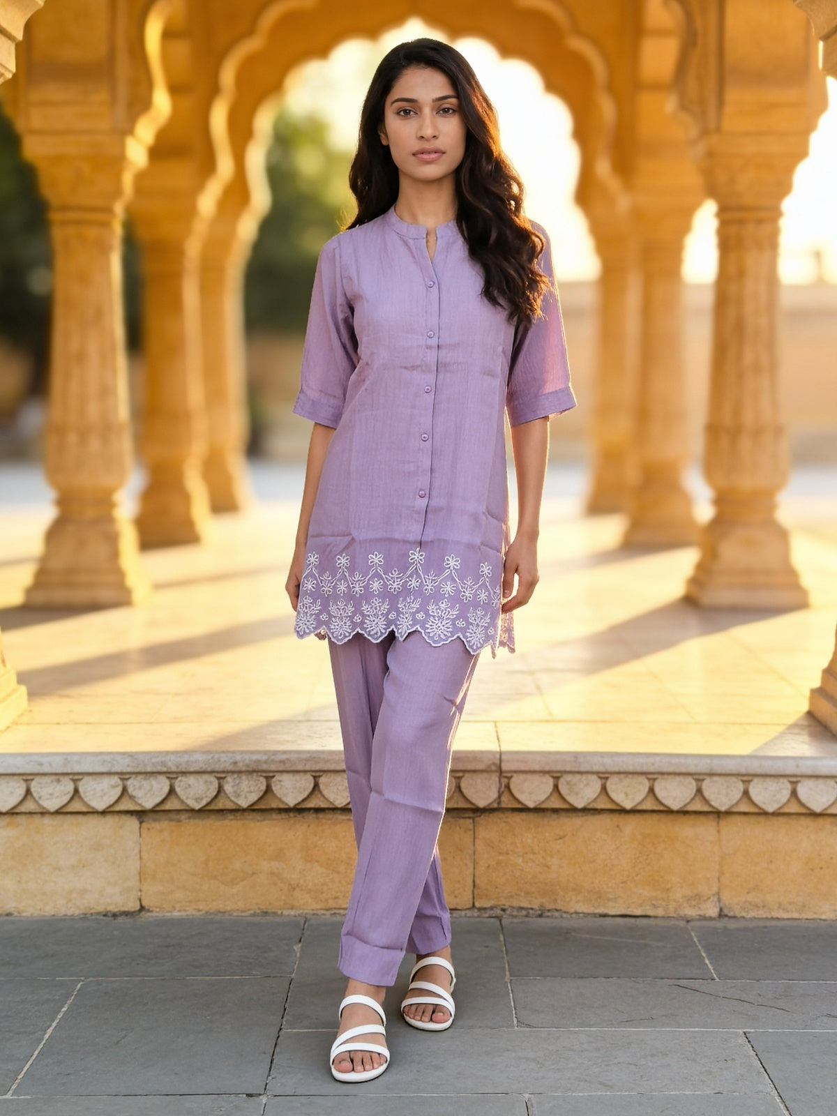 Viscose Embroidered A-Line Knee Length Kurta With Pant