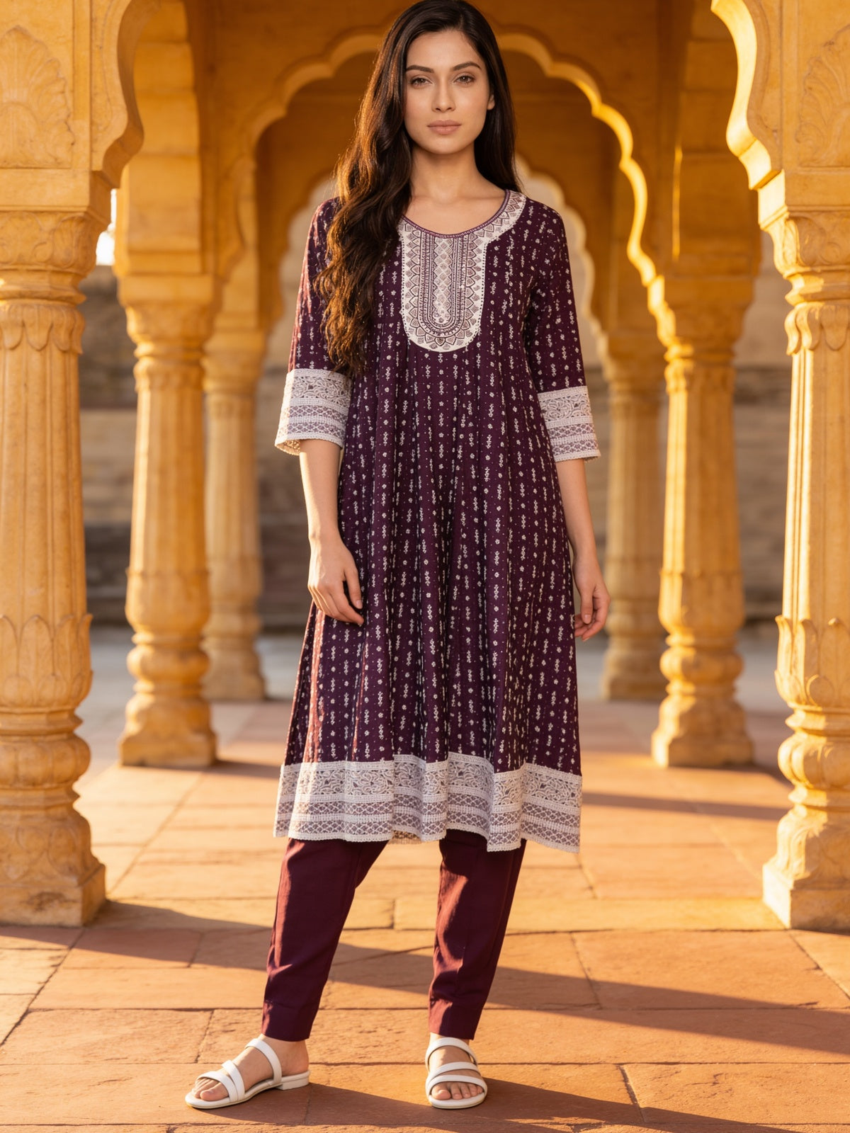 Viscose Embroidered Flared Calf Length Kurta With Pant