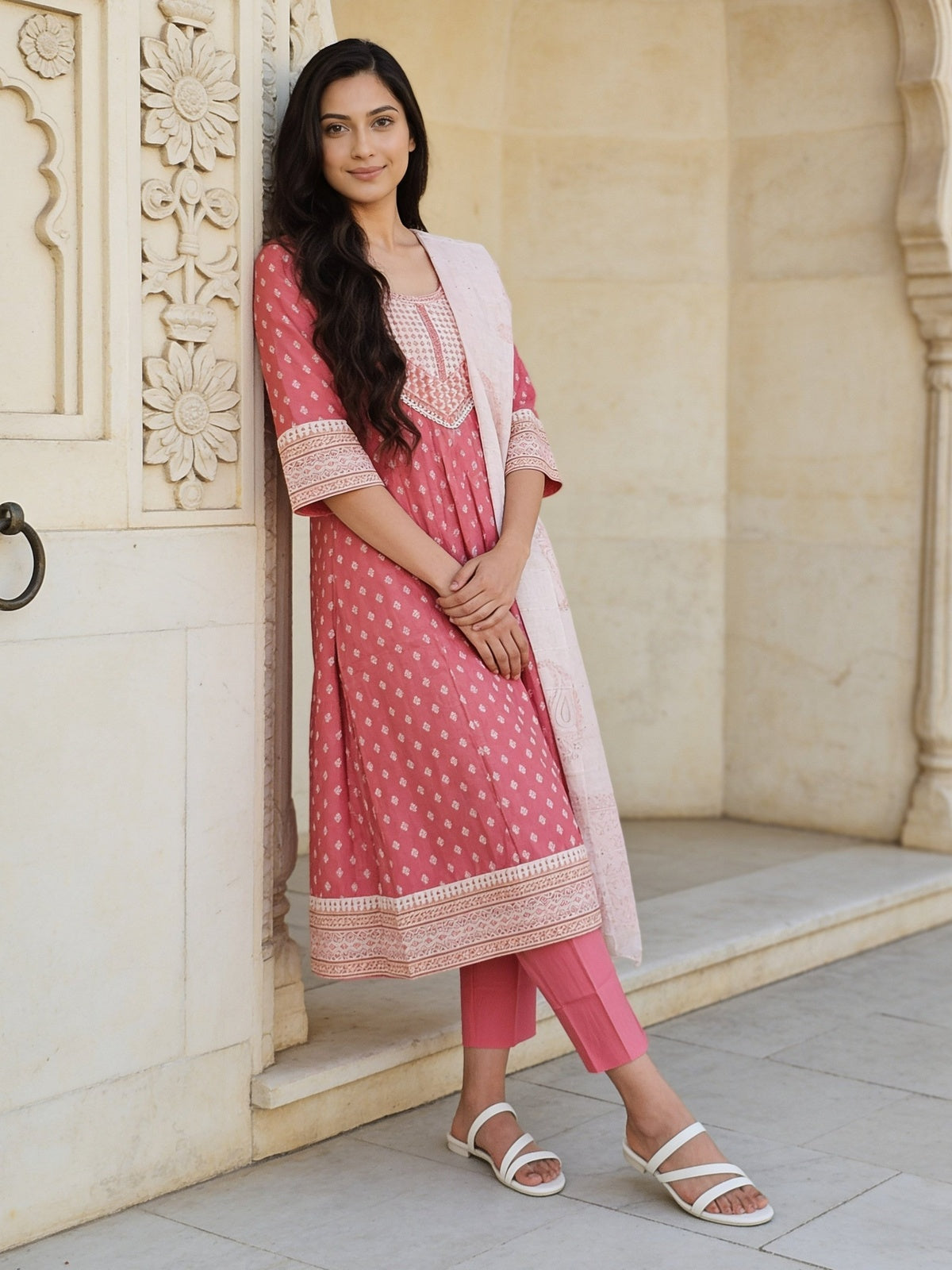 Viscose Embroidered Flared Calf Length Kurta With Pant and Dupatta