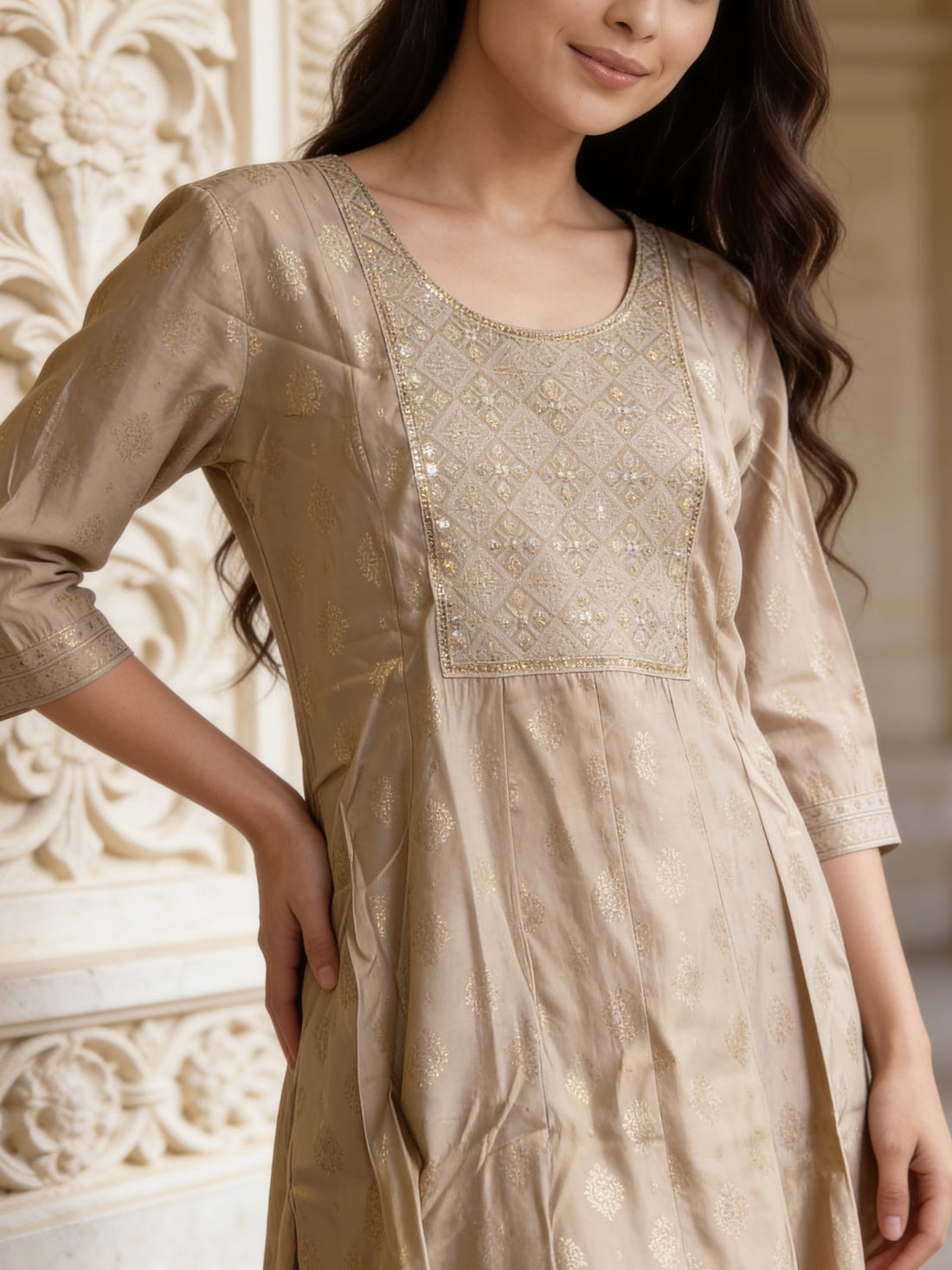 Buy Poly Viscose Embroidered Anarkali Calf Length Kurta With Pant and Dupatta-Cream