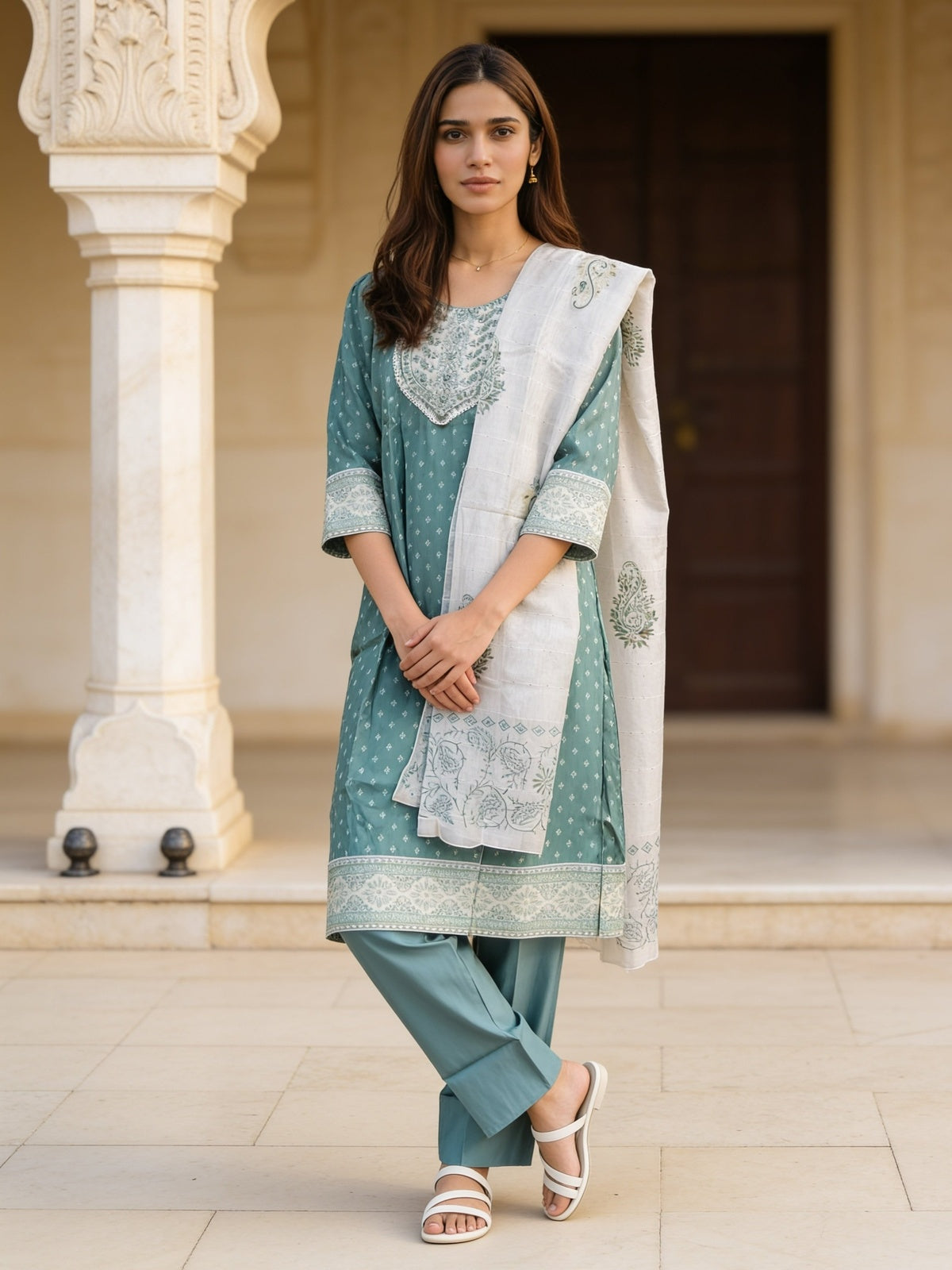 Viscose Embroidered Straight Calf Length Kurta With Pant and Dupatta