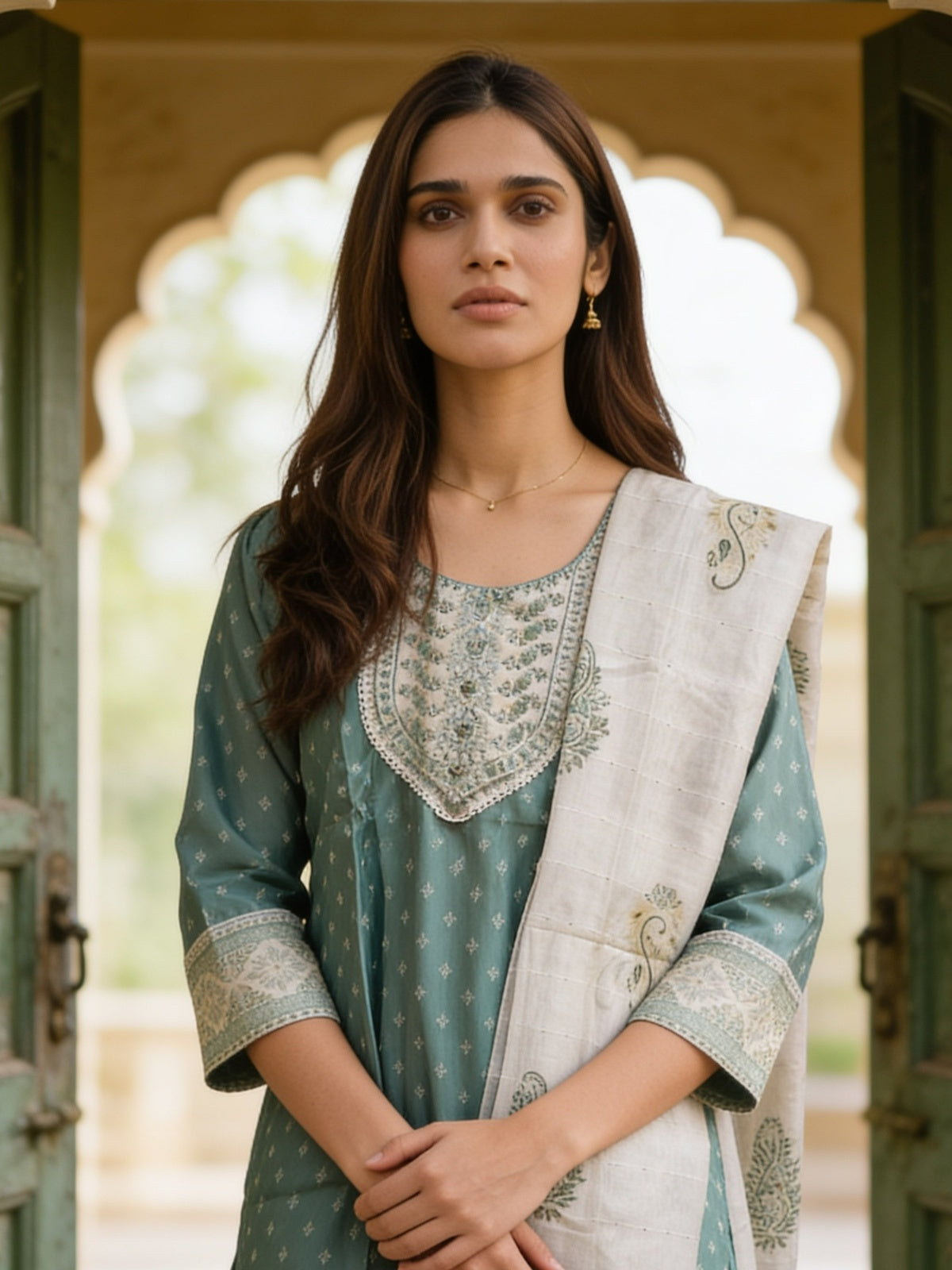Viscose Embroidered Straight Calf Length Kurta With Pant and Dupatta