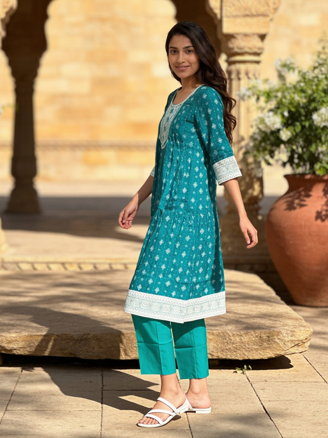 Buy Viscose Embroidered Flared Calf Length Kurta With Pant and Dupatta-Turquoise