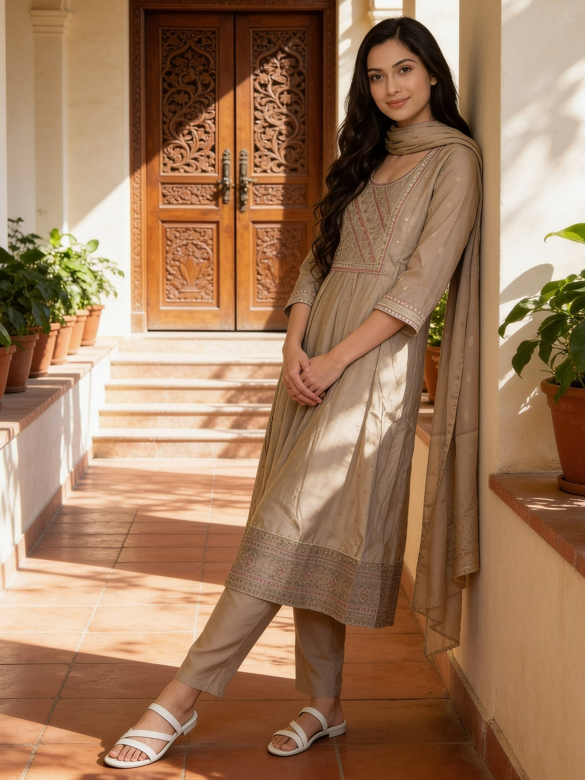 Poly Viscose Embroidered Anarkali Calf Length Kurta With Pant and Dupatta