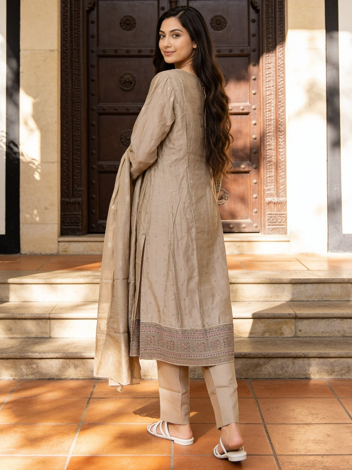 Poly Viscose Embroidered Anarkali Calf Length Kurta With Pant and Dupatta