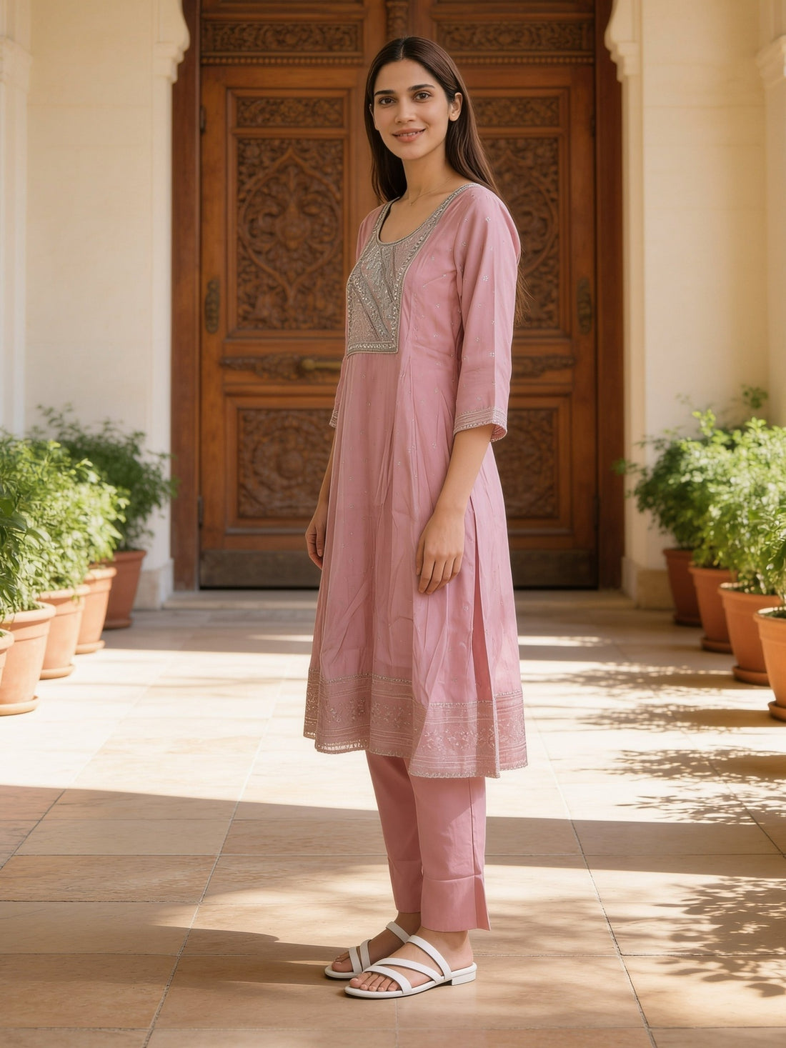 Buy Viscose Embroidered Flared Calf Length Kurta With Pant and Dupatta-Peach