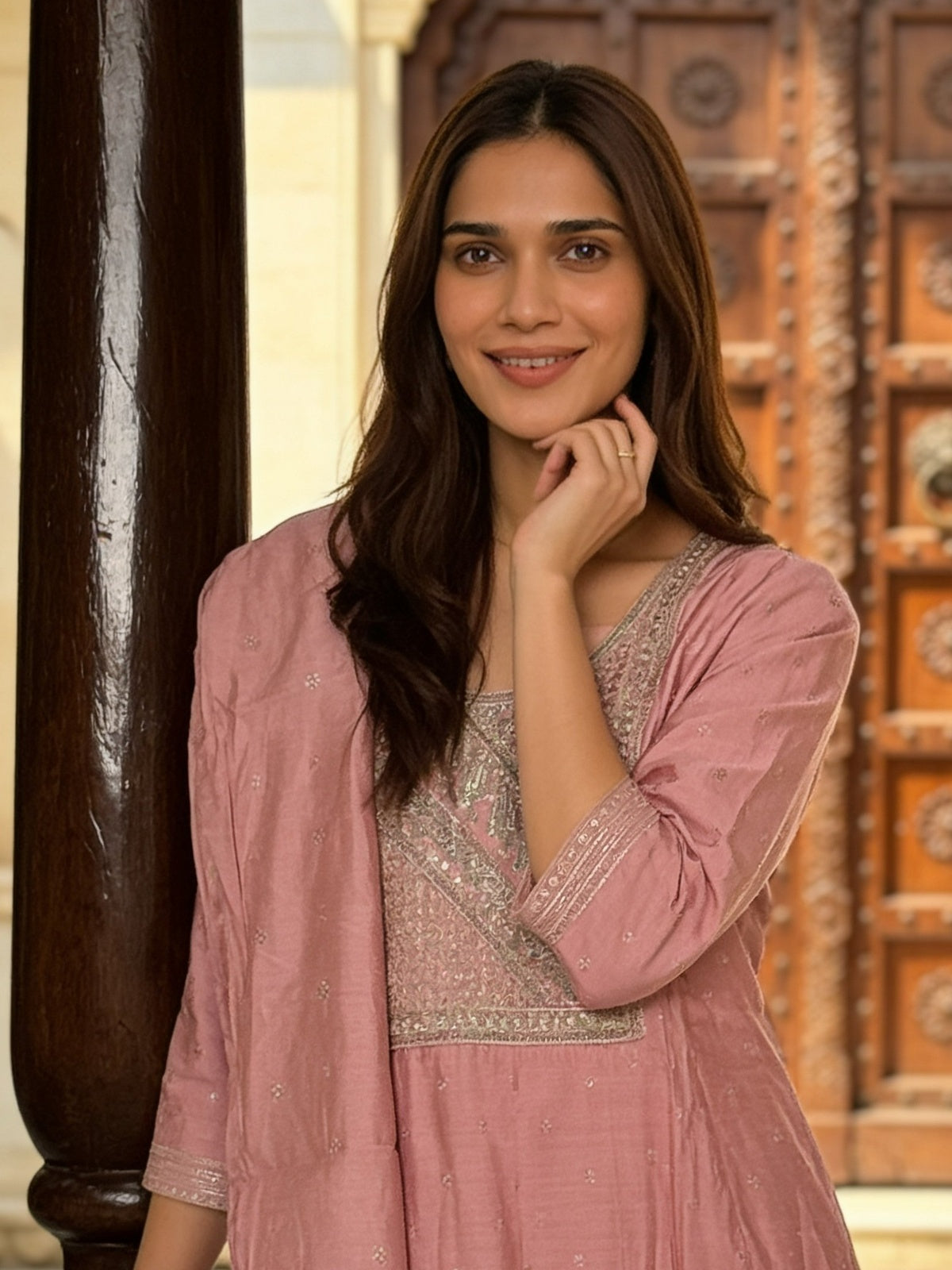 Viscose Embroidered Flared Calf Length Kurta With Pant and Dupatta