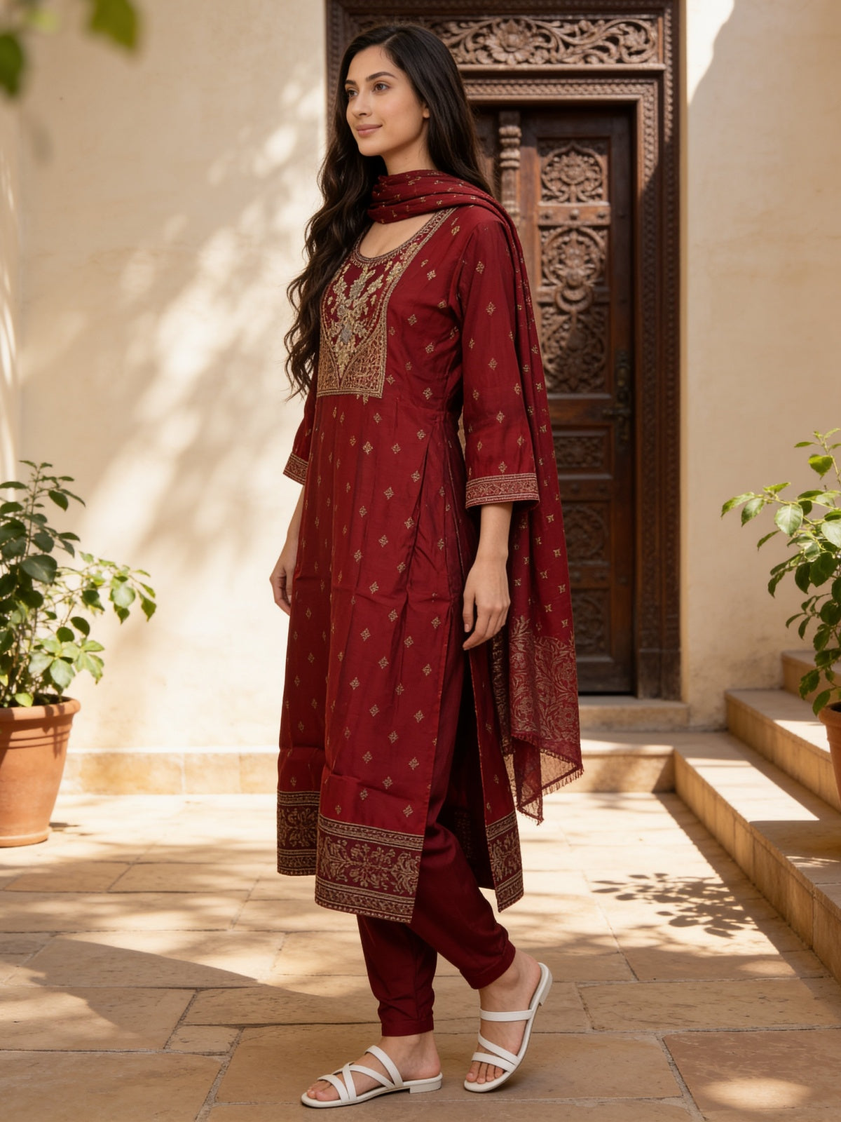 Poly Viscose Embroidered Anarkali Calf Length Kurta With Pant and Dupatta