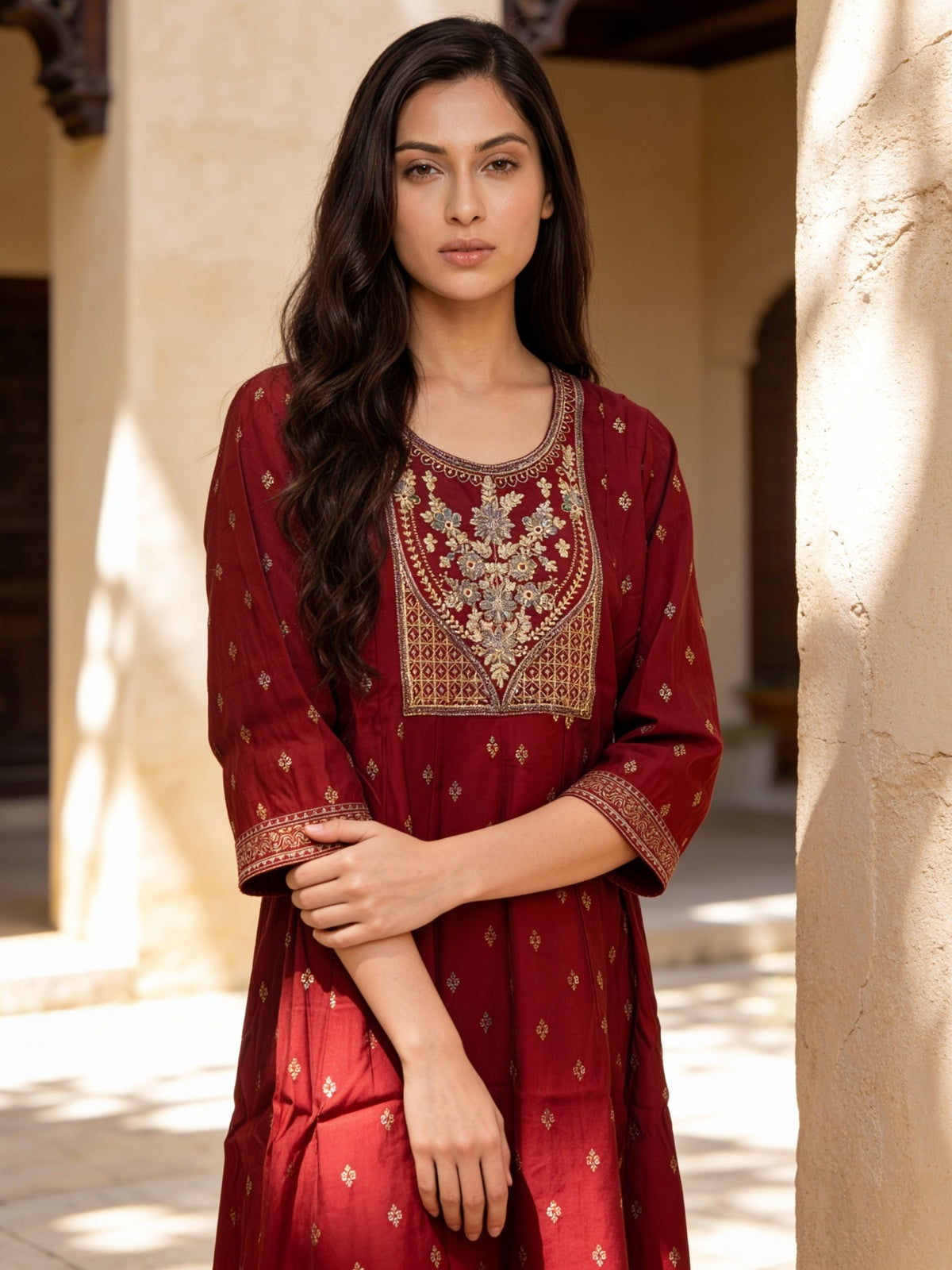 Poly Viscose Embroidered Anarkali Calf Length Kurta With Pant and Dupatta