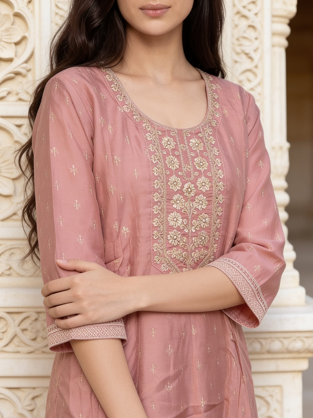 Buy Poly Viscose Embroidered Anarkali Calf Length Kurta With Pant and Dupatta-Peach