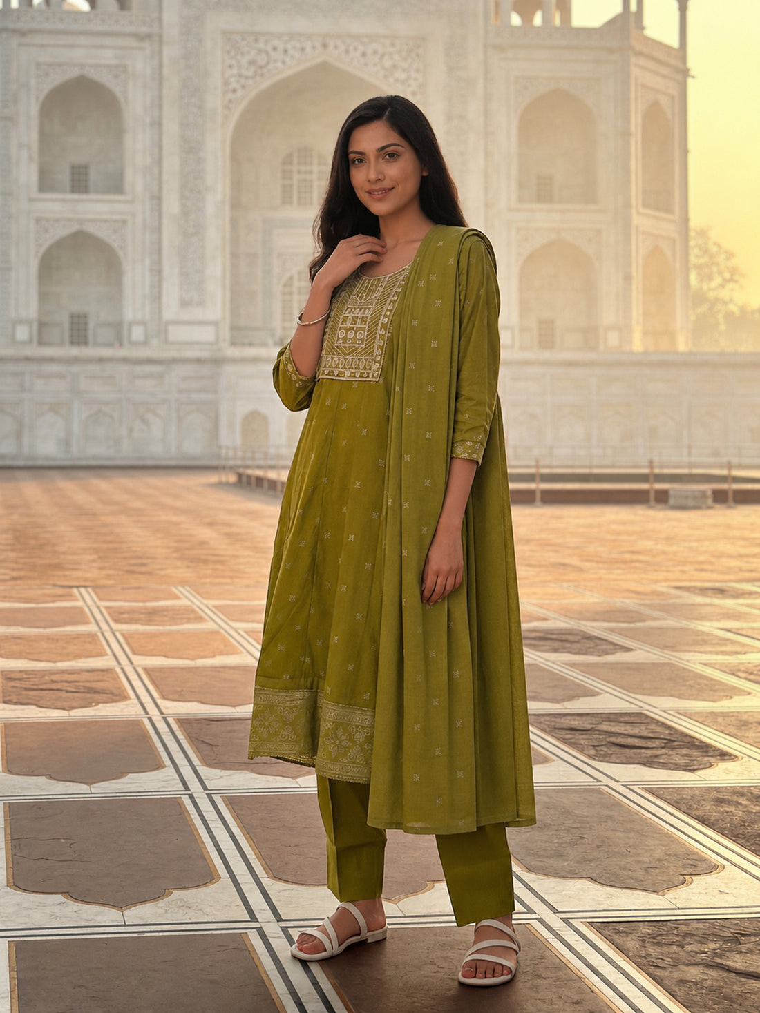 Buy Viscose Embroidered Straight Calf Length Kurta With Pant and Dupatta-Olive Green