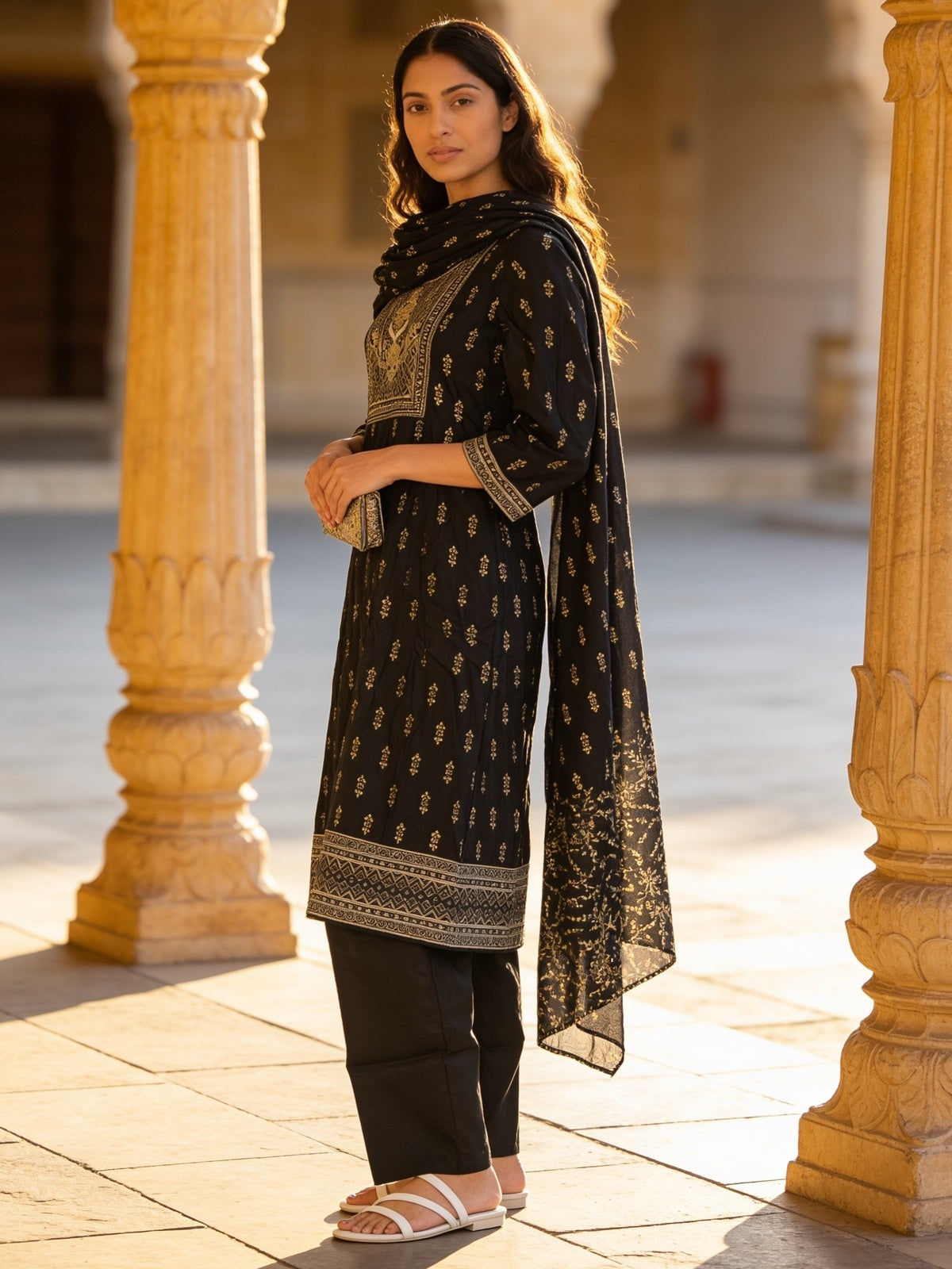 Poly Viscose Embroidered Anarkali Calf Length Kurta With Pant and Dupatta