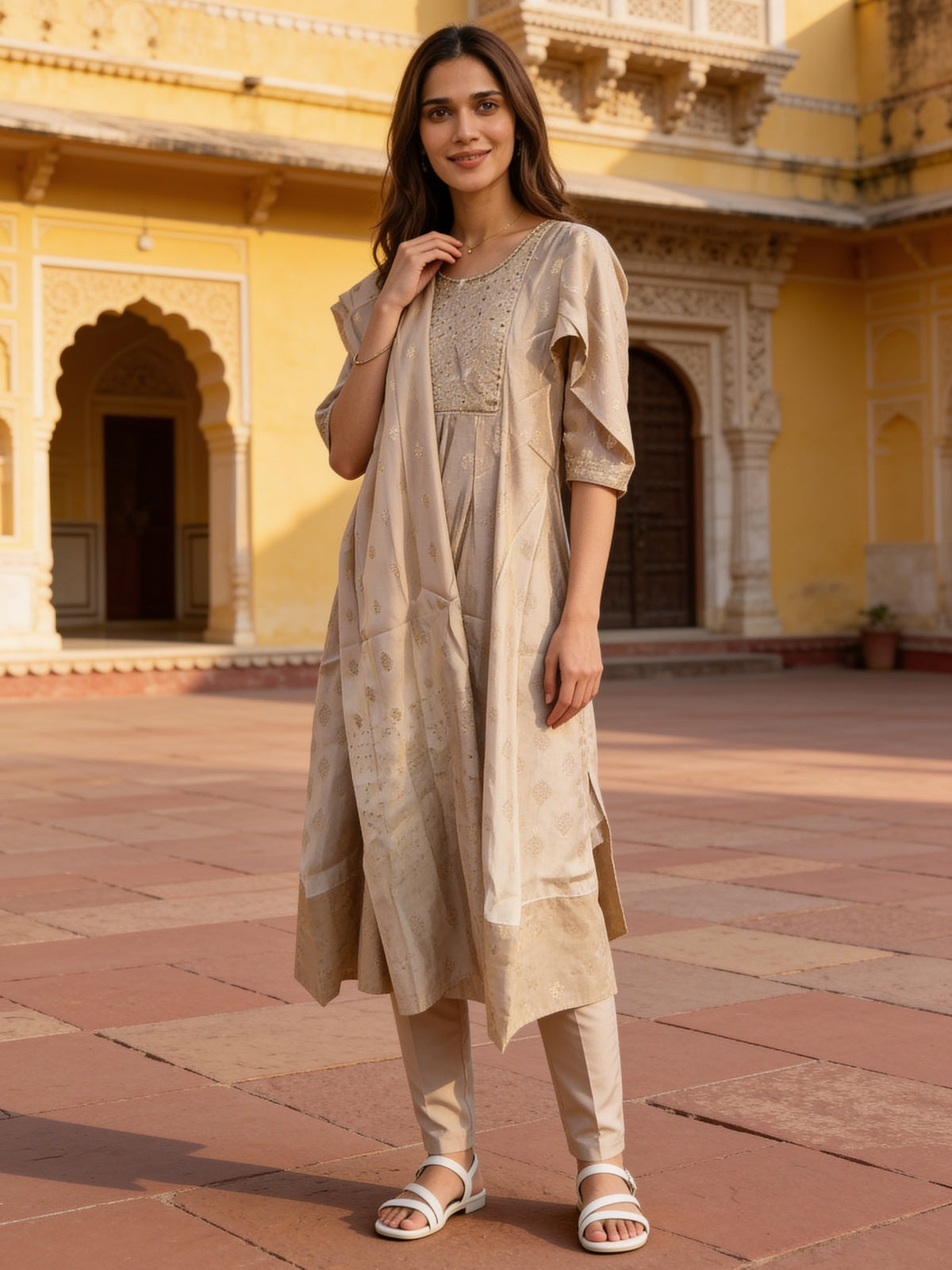 Viscose Embroidered Flared Calf Length Kurta With Pant and Dupatta