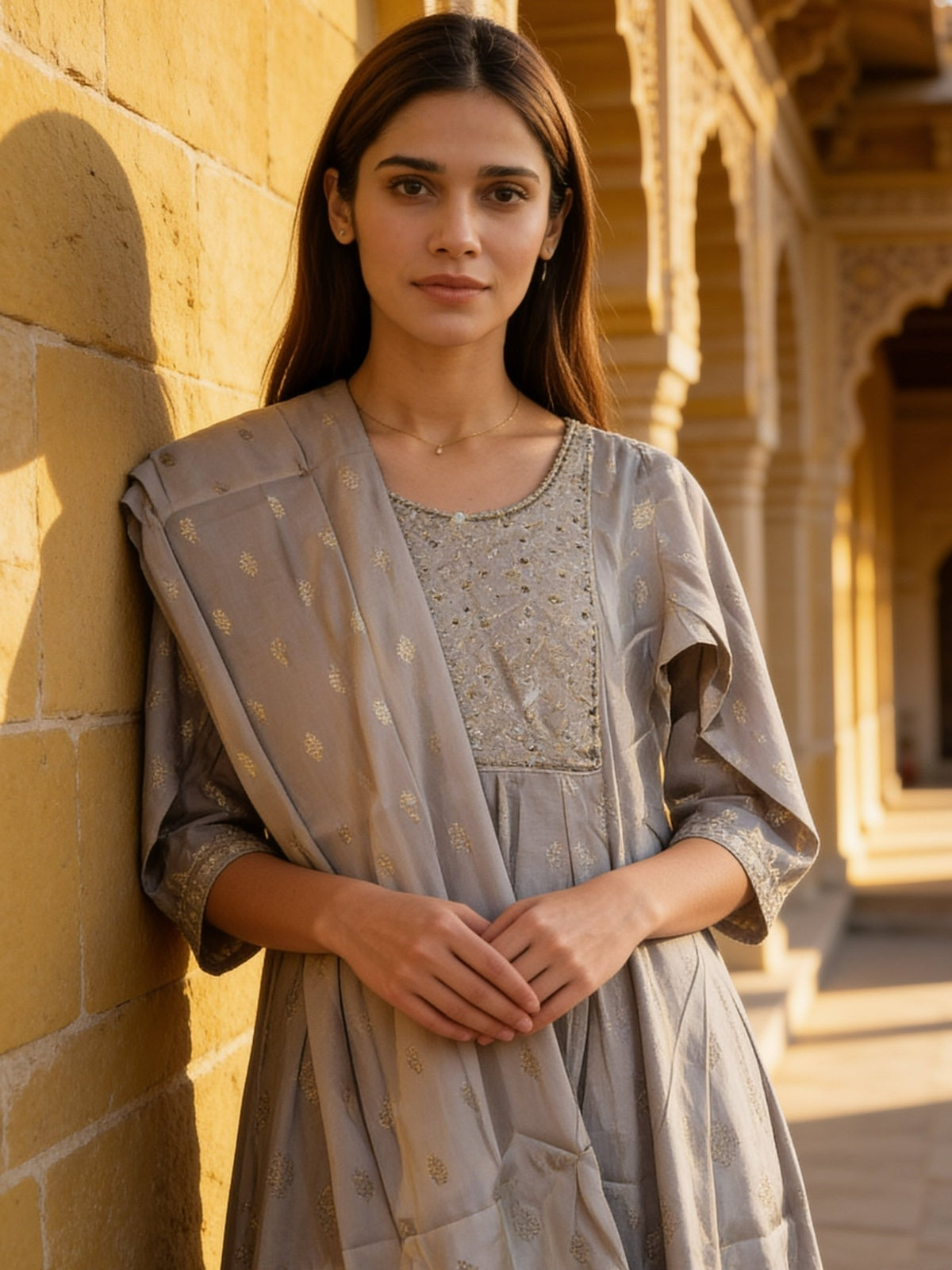 Viscose Embroidered Flared Calf Length Kurta With Pant and Dupatta