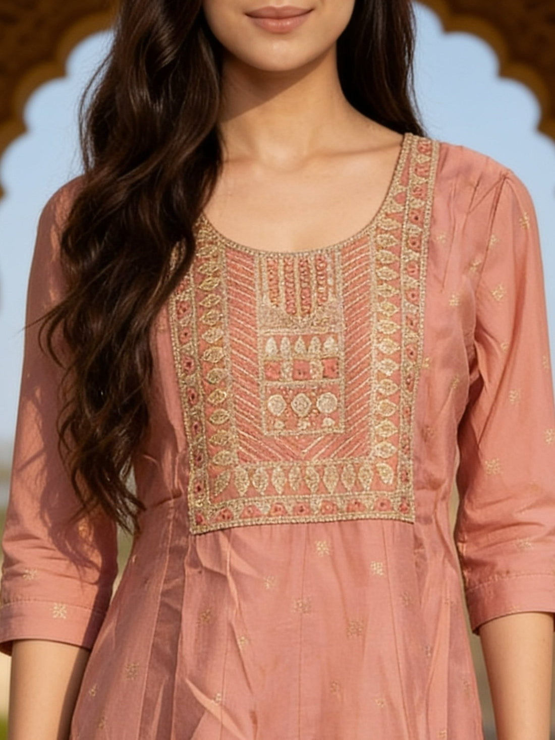 Buy Poly Viscose Embroidered Anarkali Calf Length Kurta With Pant and Dupatta-Peach