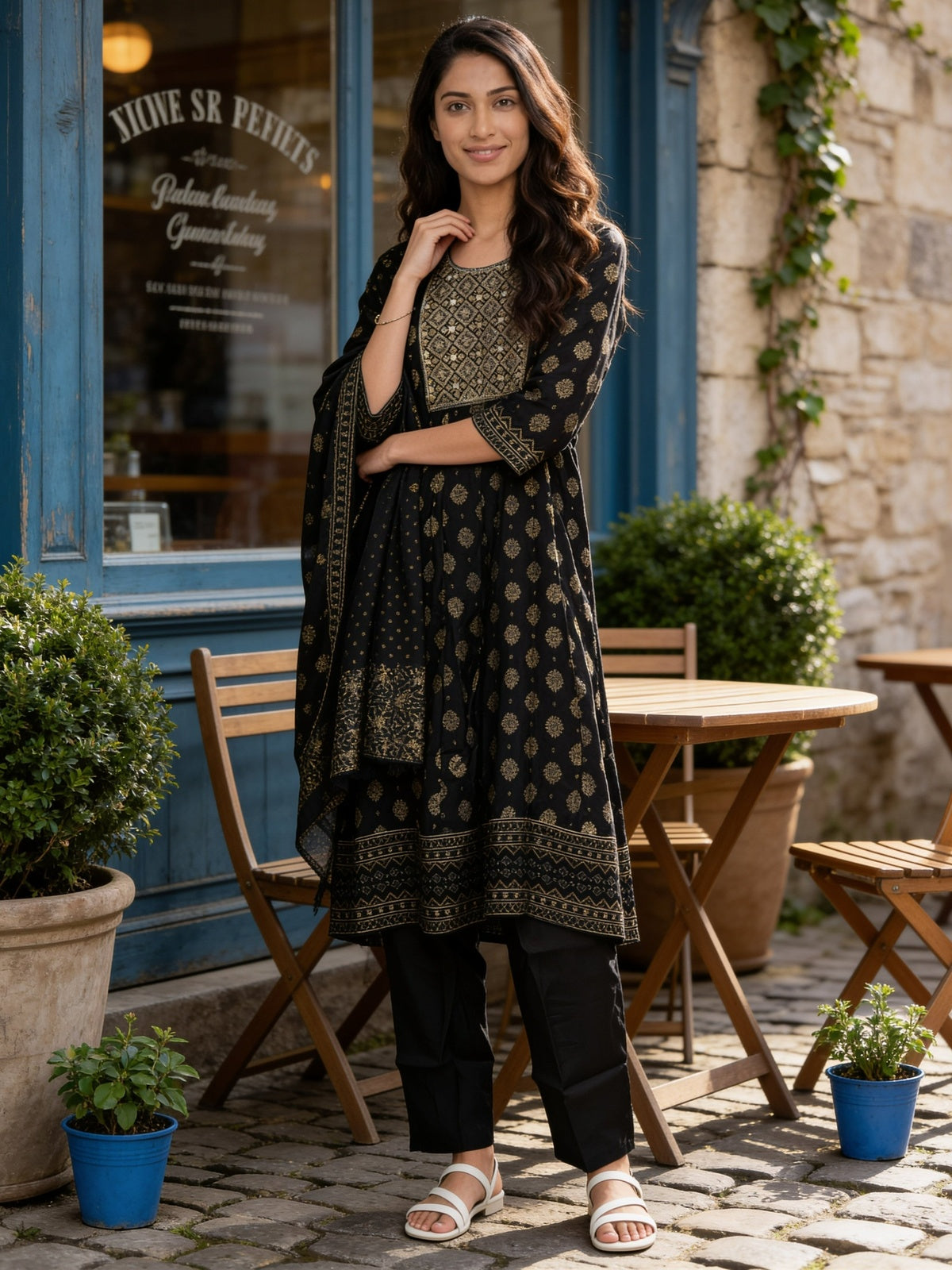 Poly Viscose Embroidered Anarkali Calf Length Kurta With Pant and Dupatta