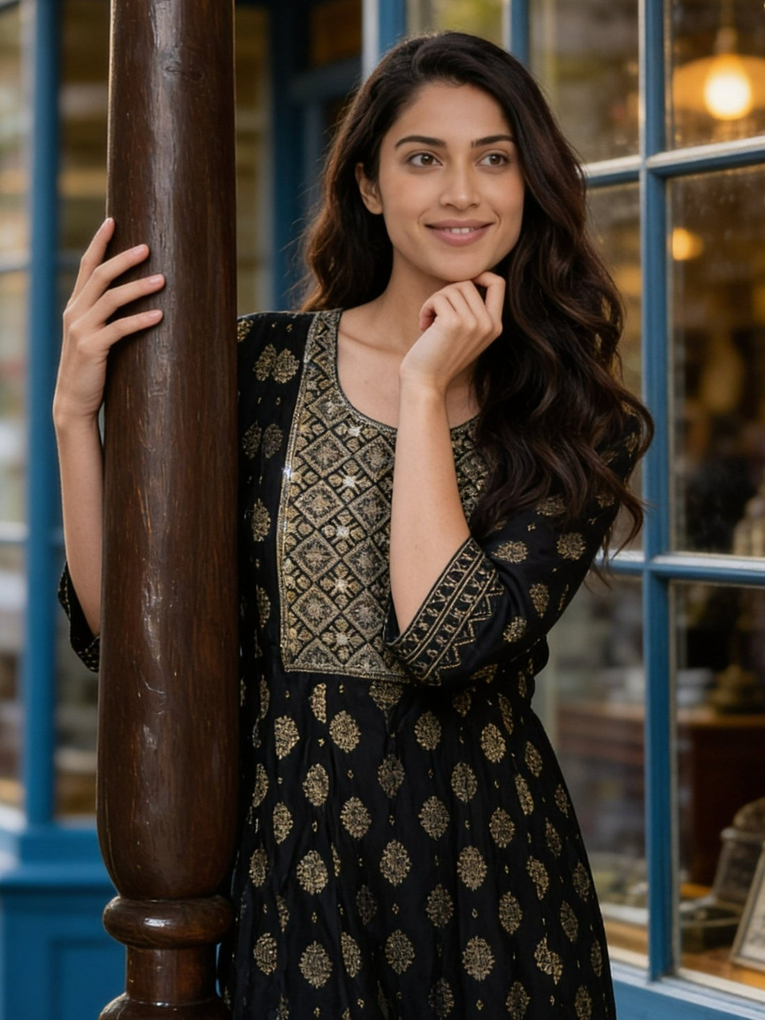 Buy Poly Viscose Embroidered Anarkali Calf Length Kurta With Pant and Dupatta-Black